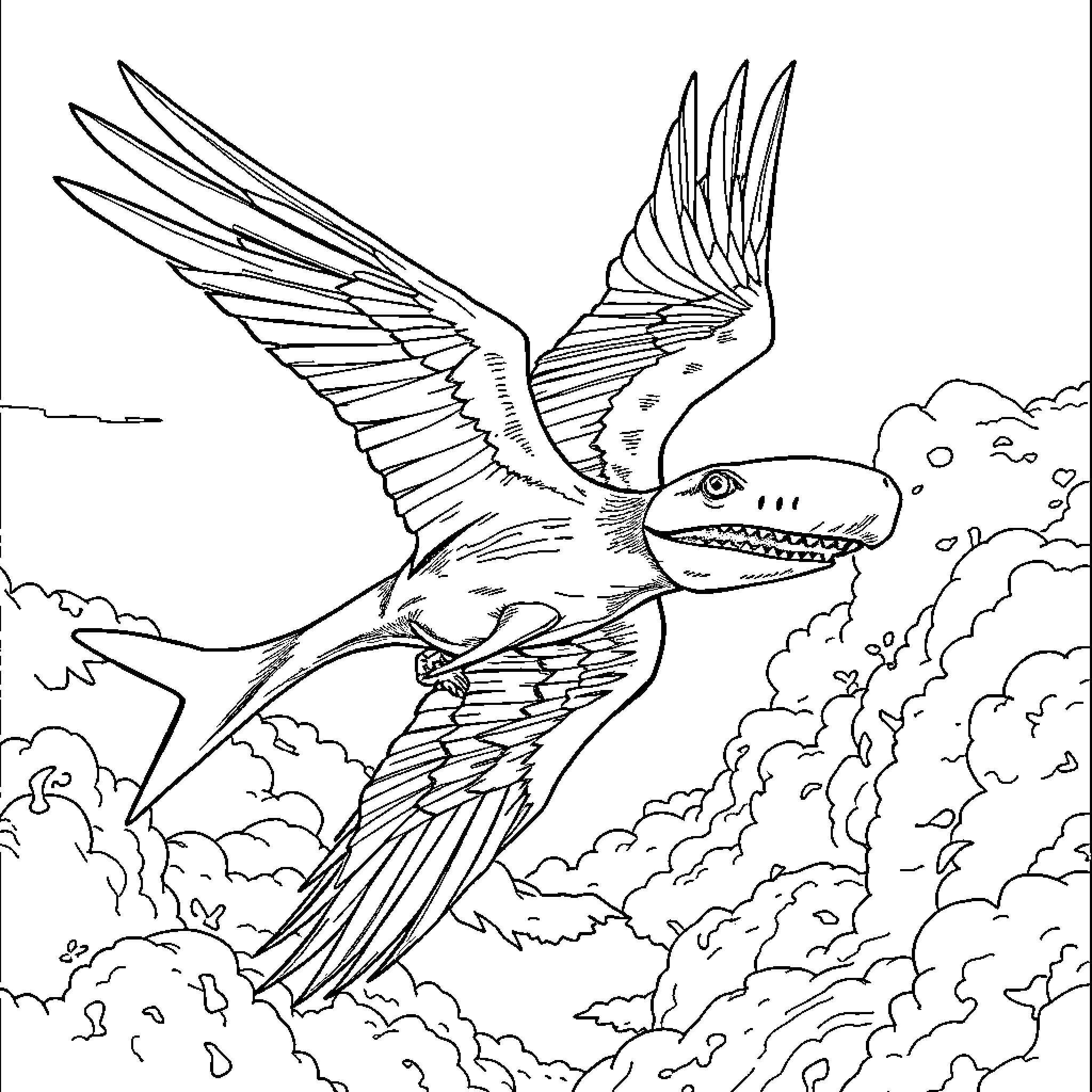 Quetzalcoatlus soaring majestically among the clouds Coloring Page (free black-and-white line drawing printable PDF for all, from beginners to advanced learners, including children, teens, adults, and seniors)