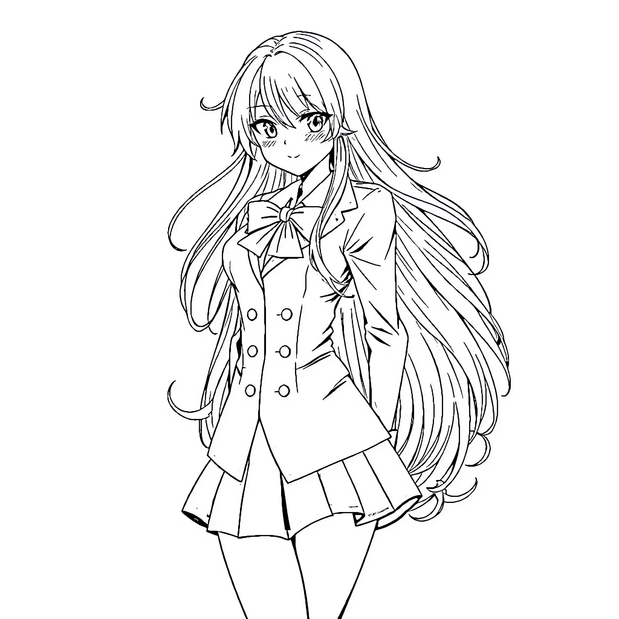 Rias Gremory in school uniform posing confidently Coloring Page (free black-and-white line drawing printable PDF for all, from beginners to advanced learners, including children, teens, adults, and seniors)