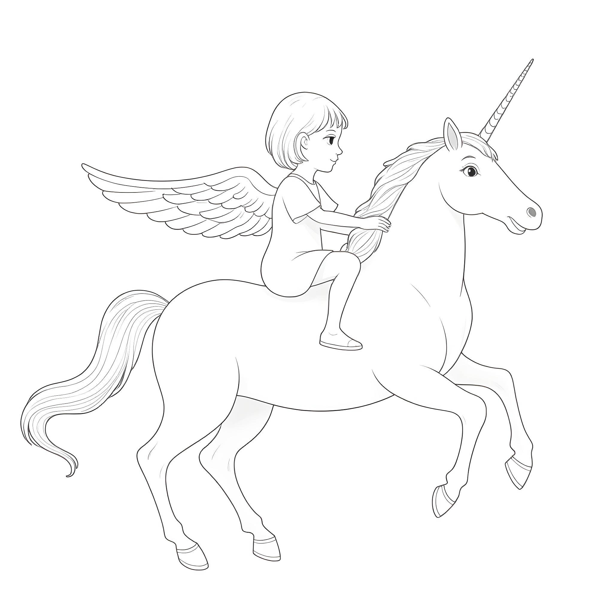 Angel riding a majestic unicorn Coloring Page (free black-and-white line drawing printable PDF for all, from beginners to advanced learners, including children, teens, adults, and seniors)