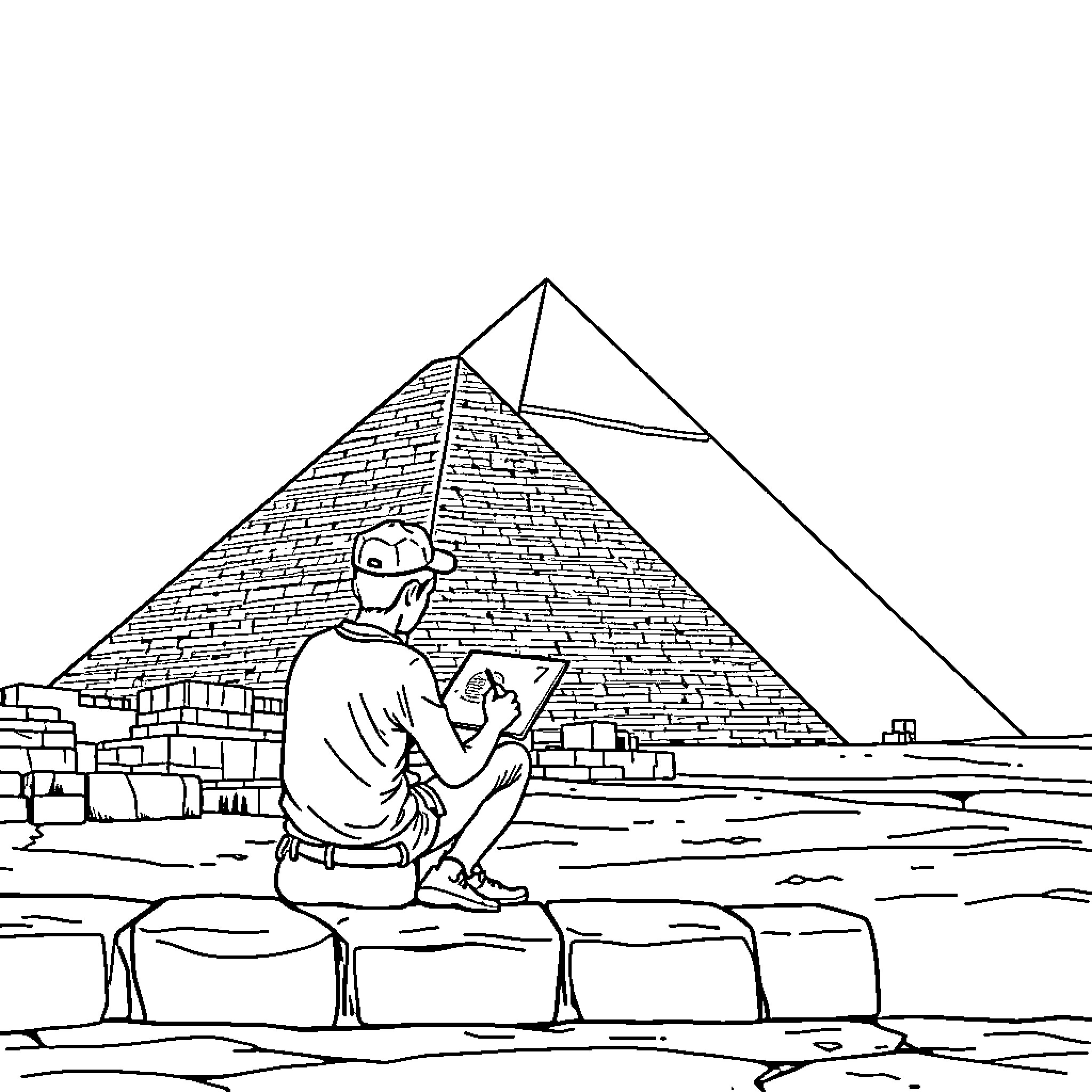 Pyramid with artist sketching the ancient ruins Coloring Page (free black-and-white line drawing printable PDF for all, from beginners to advanced learners, including children, teens, adults, and seniors)