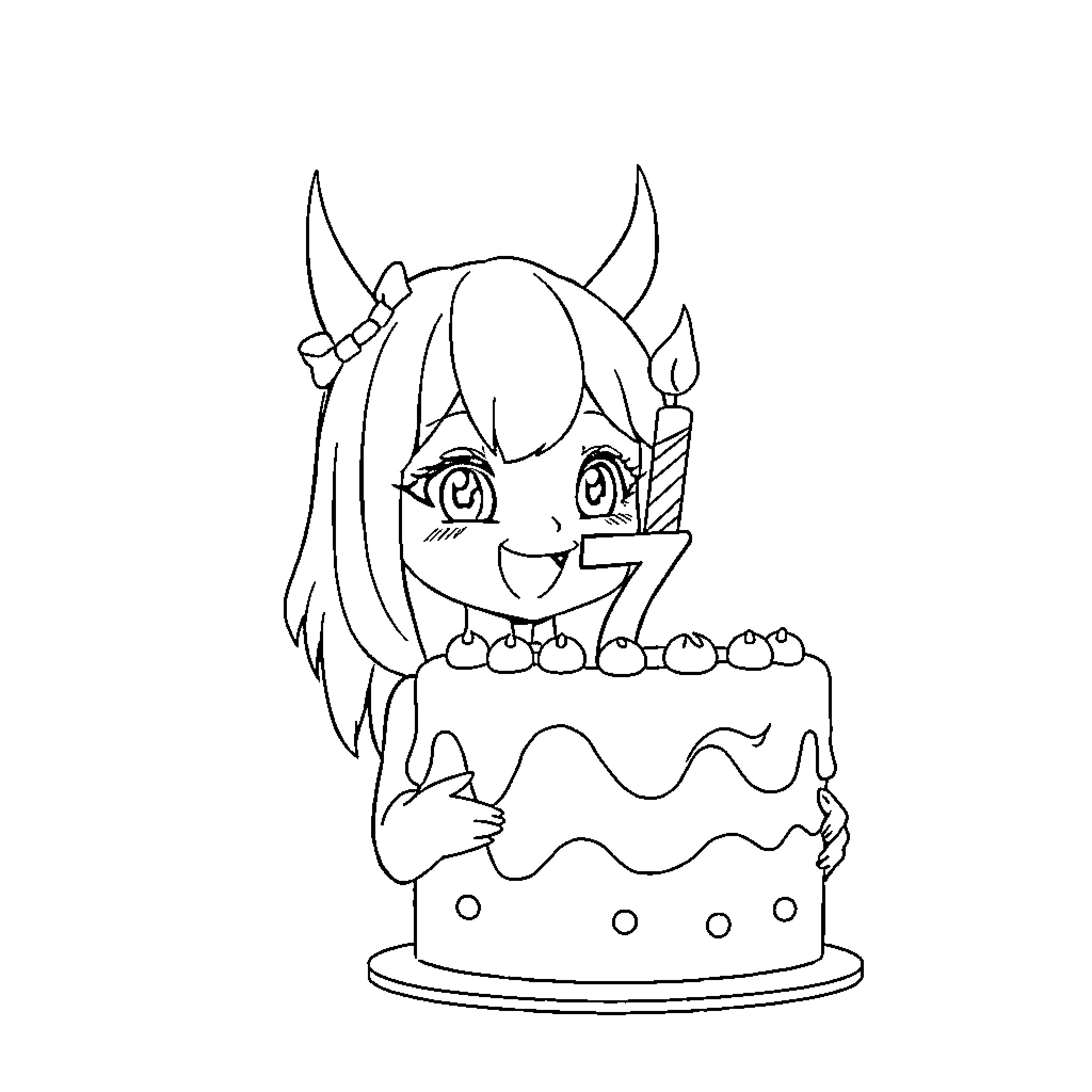 Zoey celebrates birthday with cake and candles Coloring Page (free black-and-white line drawing printable PDF for all, from beginners to advanced learners, including children, teens, adults, and seniors)