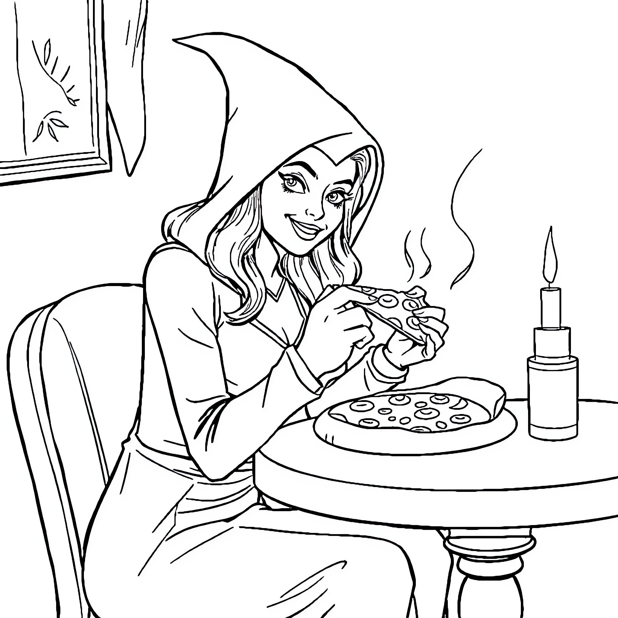Scarlett Witch enjoying a cozy evening with pizza Coloring Page (free black-and-white line drawing printable PDF for all, from beginners to advanced learners, including children, teens, adults, and seniors)