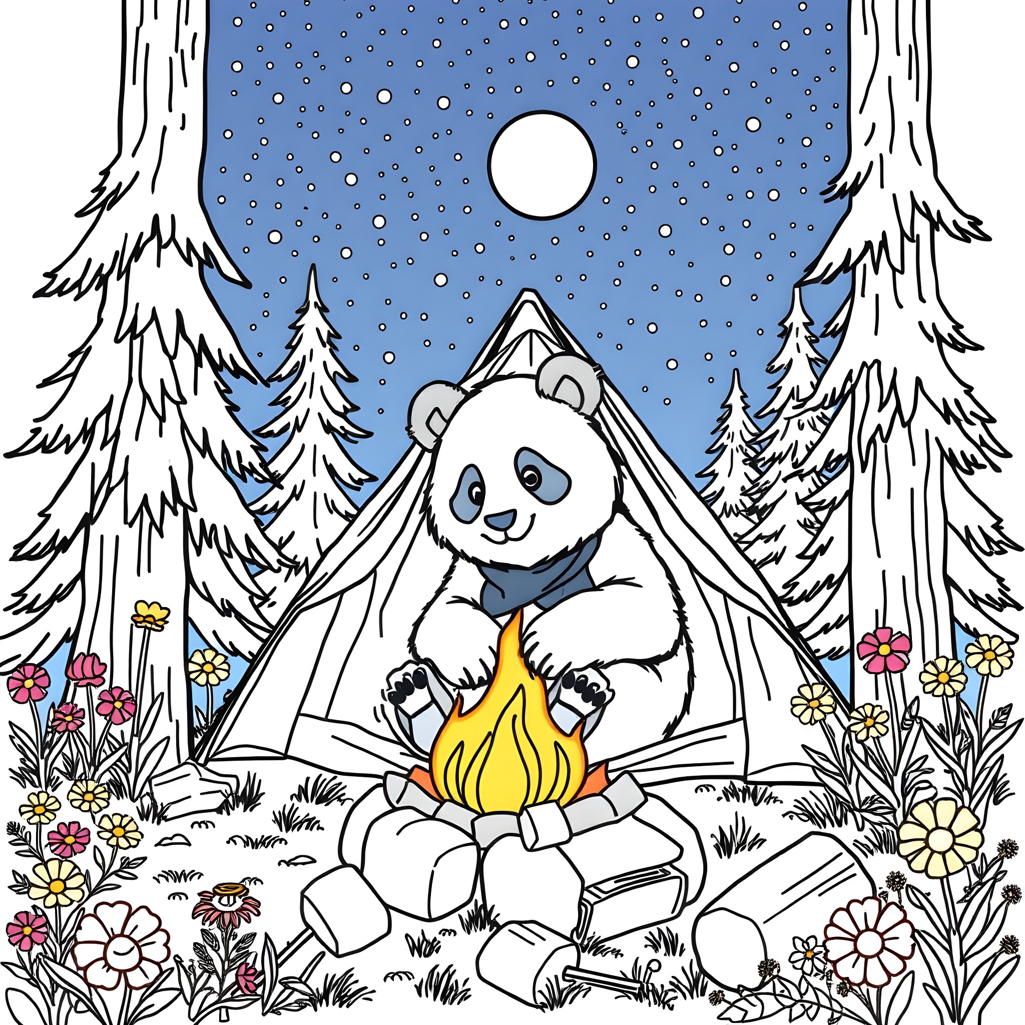 Panda camping in the snowy forest Coloring Page (free black-and-white line drawing printable PDF for all, from beginners to advanced learners, including children, teens, adults, and seniors)