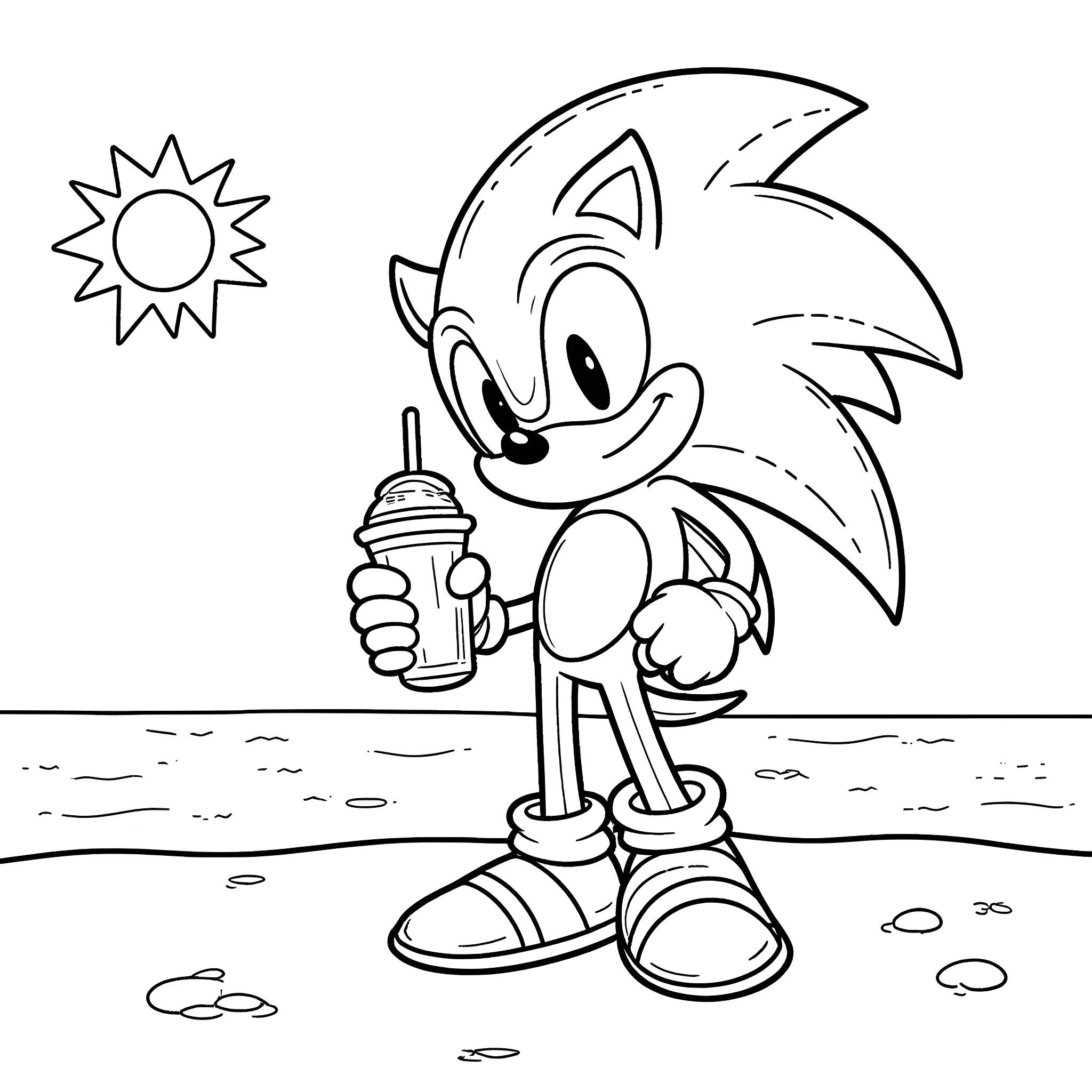 Sonic Enjoying a Refreshing Drink in the Sun Coloring Page (free black-and-white line drawing printable PDF for all, from beginners to advanced learners, including children, teens, adults, and seniors)