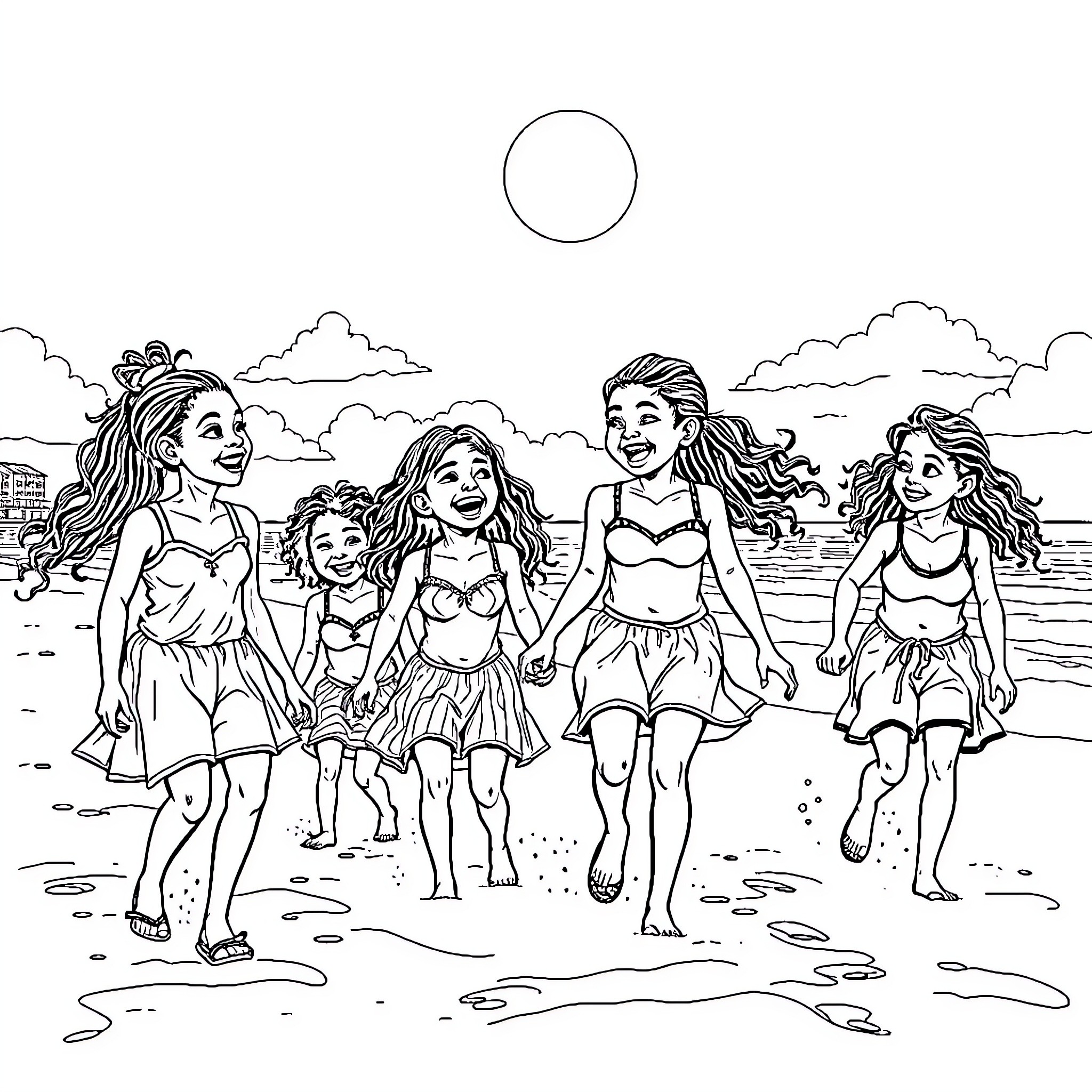 Girls enjoying a day at the beach Coloring Page (free black-and-white line drawing printable PDF for all, from beginners to advanced learners, including children, teens, adults, and seniors)