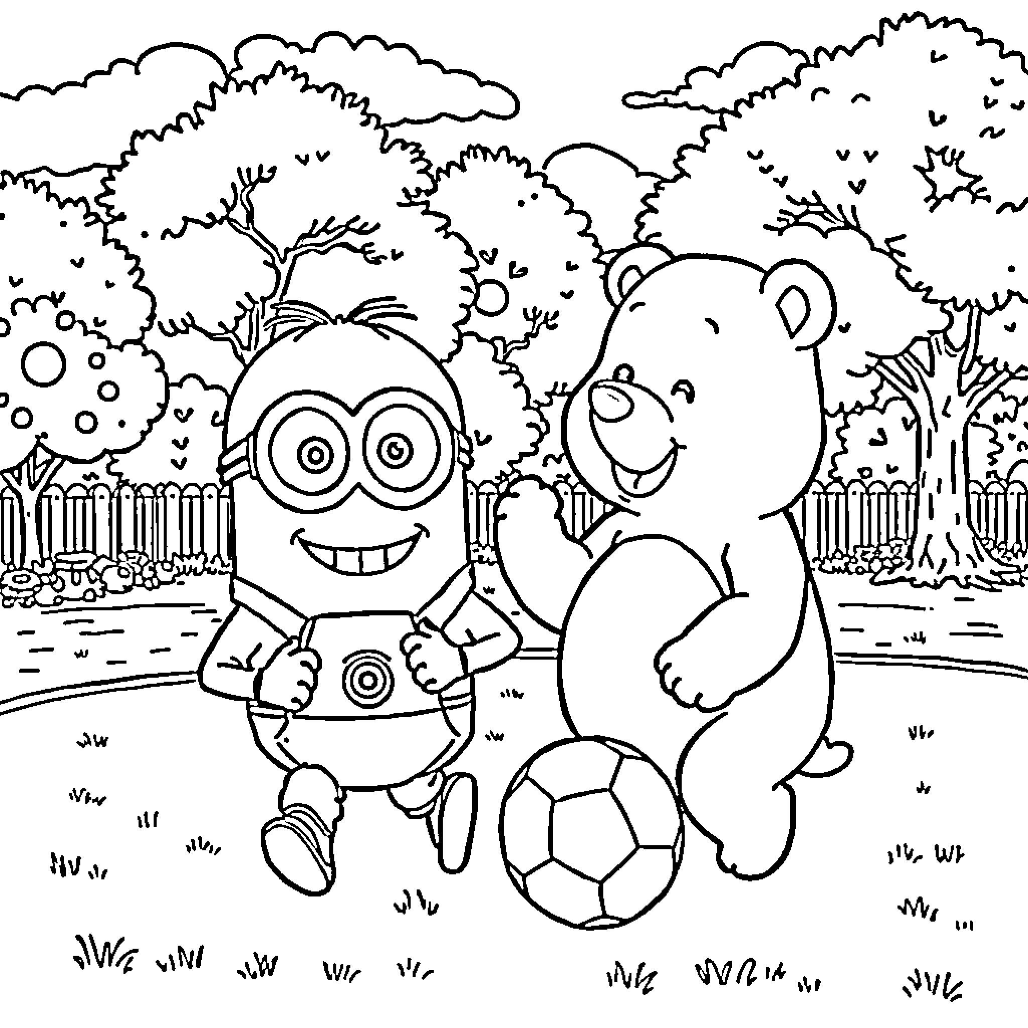 Minion and Bear Playing Soccer in the Park Coloring Page (free black-and-white line drawing printable PDF for all, from beginners to advanced learners, including children, teens, adults, and seniors)