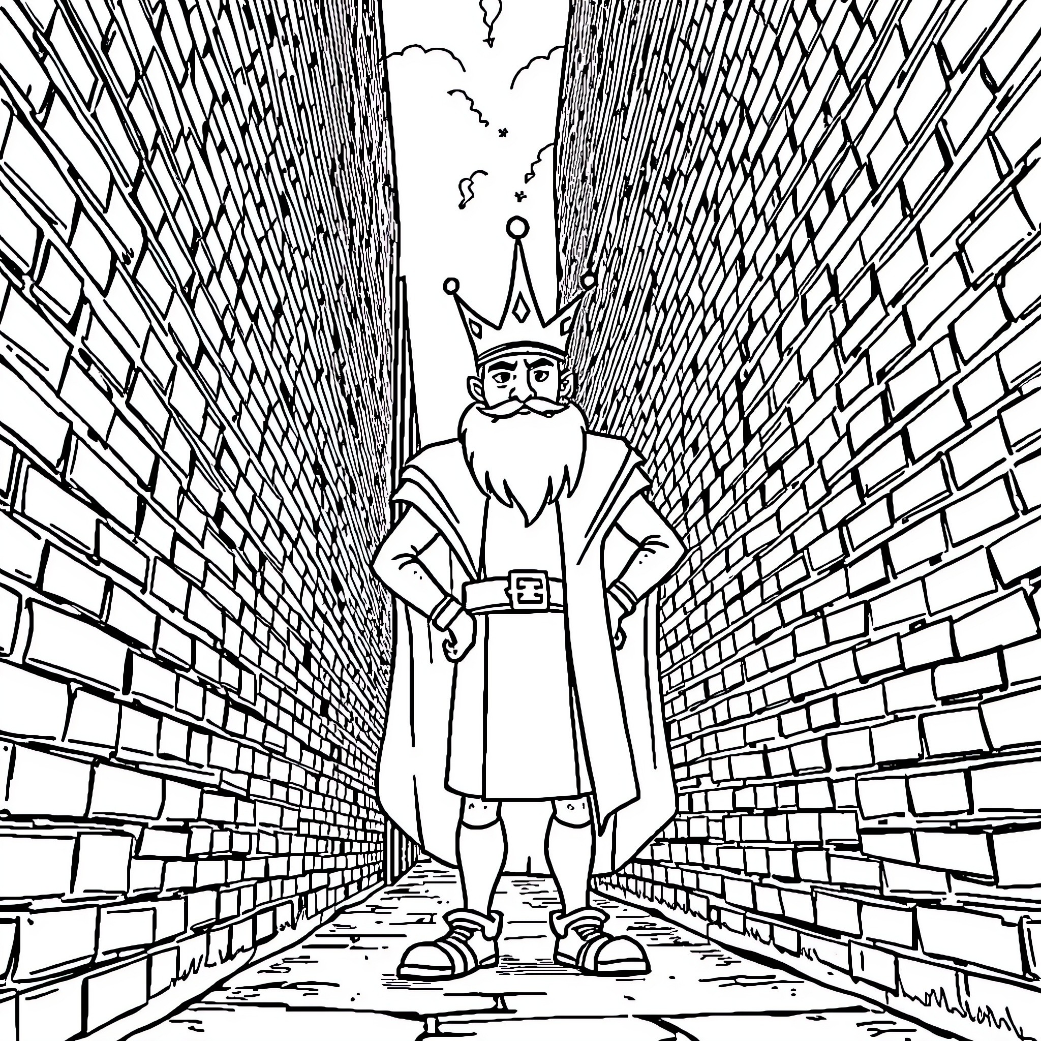 King in the Alleyway Coloring Page (free black-and-white line drawing printable PDF for all, from beginners to advanced learners, including children, teens, adults, and seniors)