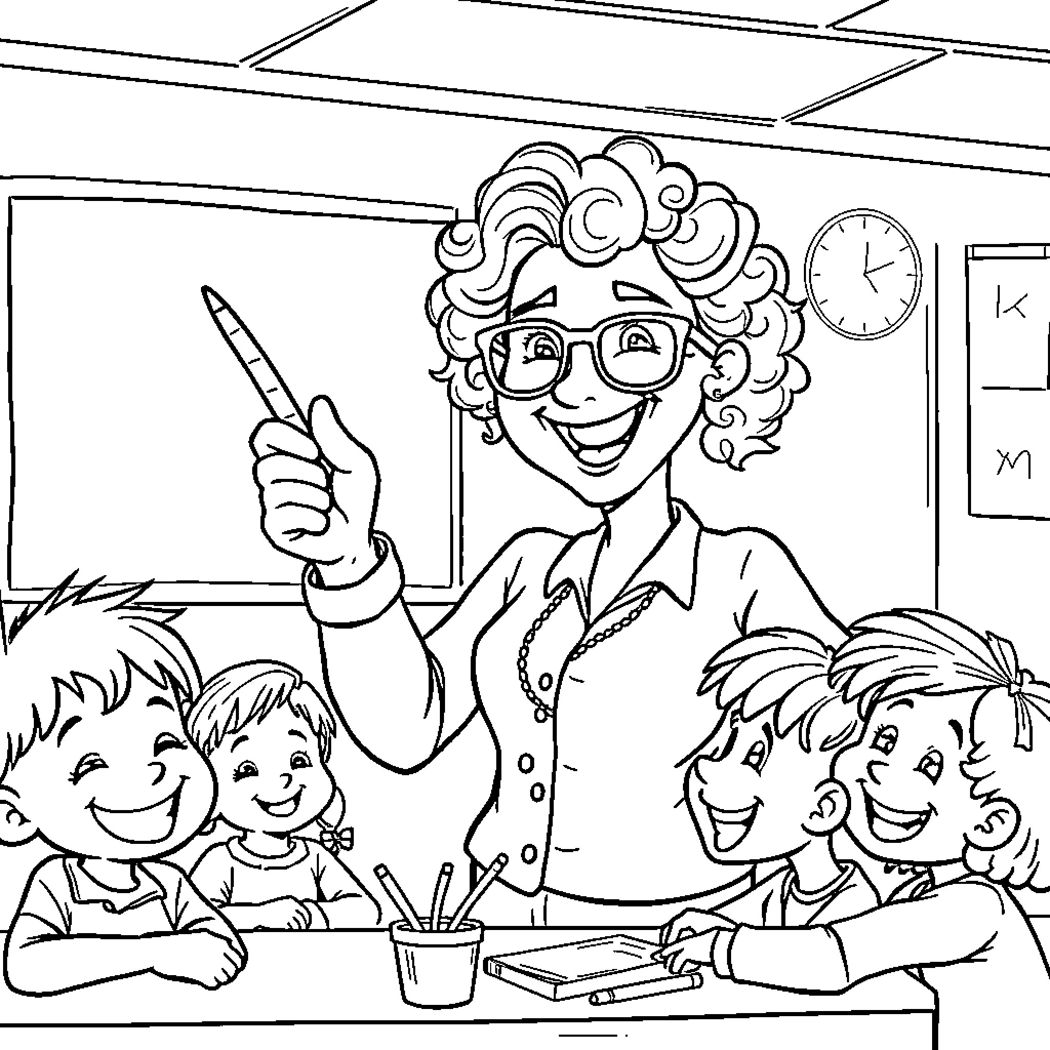 Teacher encouraging lively students in the classroom Coloring Page (free black-and-white line drawing printable PDF for all, from beginners to advanced learners, including children, teens, adults, and seniors)