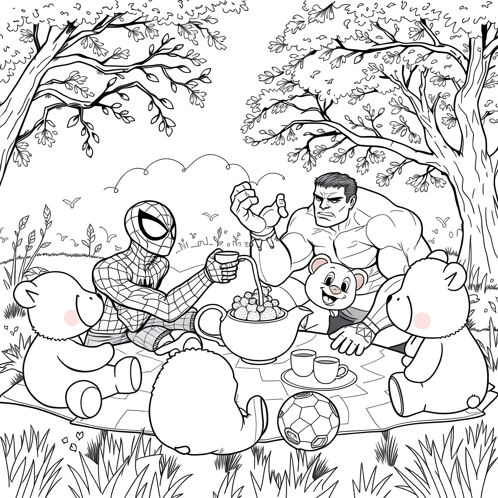 Spiderman and Hulk Enjoying a Picnic in the Park Coloring Page (free black-and-white line drawing printable PDF for all, from beginners to advanced learners, including children, teens, adults, and seniors)