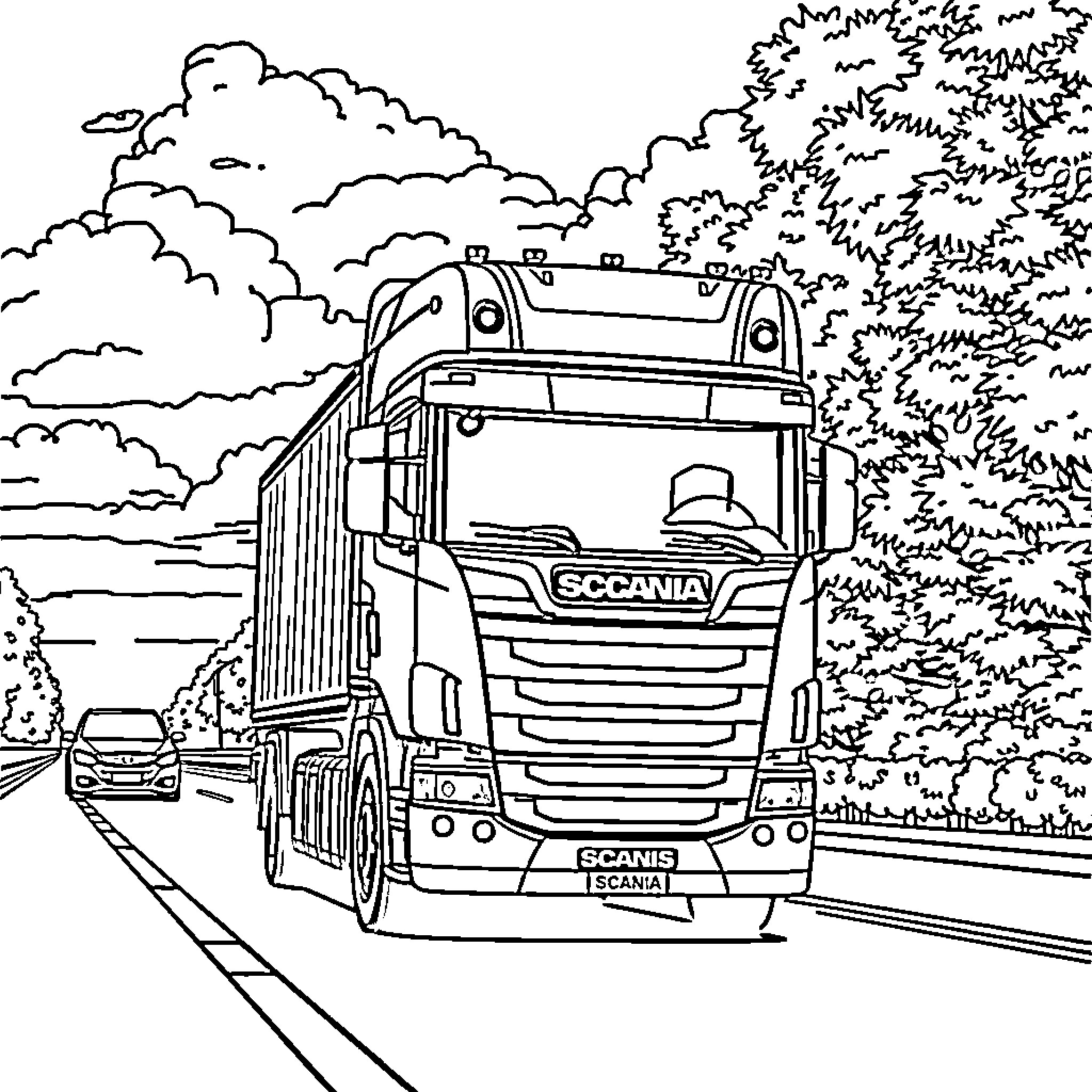 Scania Truck on a scenic country road Coloring Page (free black-and-white line drawing printable PDF for all, from beginners to advanced learners, including children, teens, adults, and seniors)