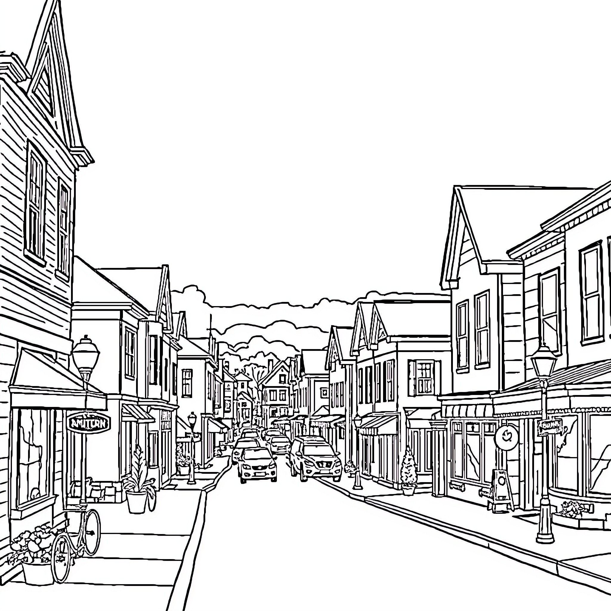 Milton's Vibrant Street Scene with Architectural Details Coloring Page (free black-and-white line drawing printable PDF for all, from beginners to advanced learners, including children, teens, adults, and seniors)