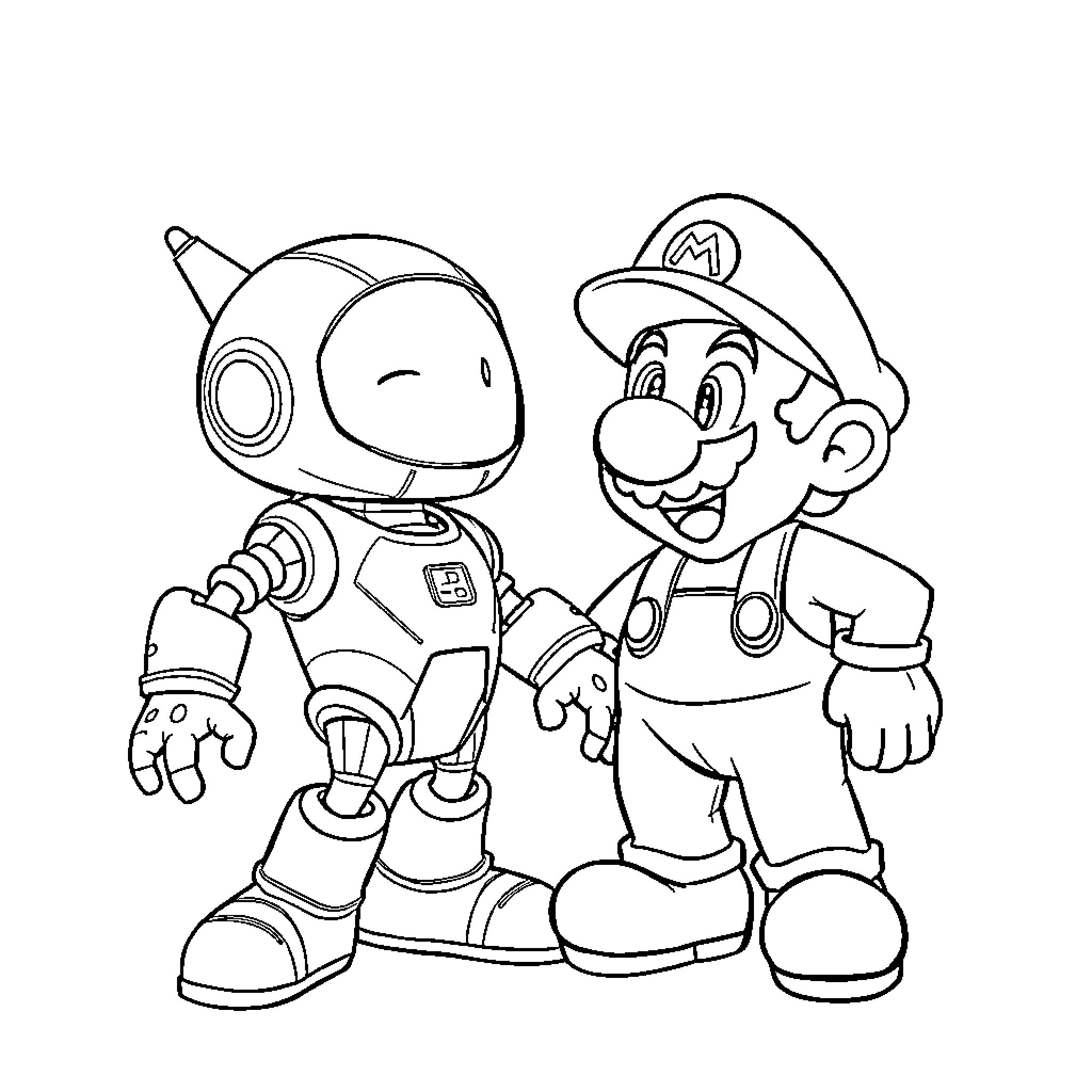 Astrobot and Mario in Adventurous Pose Coloring Page (free black-and-white line drawing printable PDF for all, from beginners to advanced learners, including children, teens, adults, and seniors)
