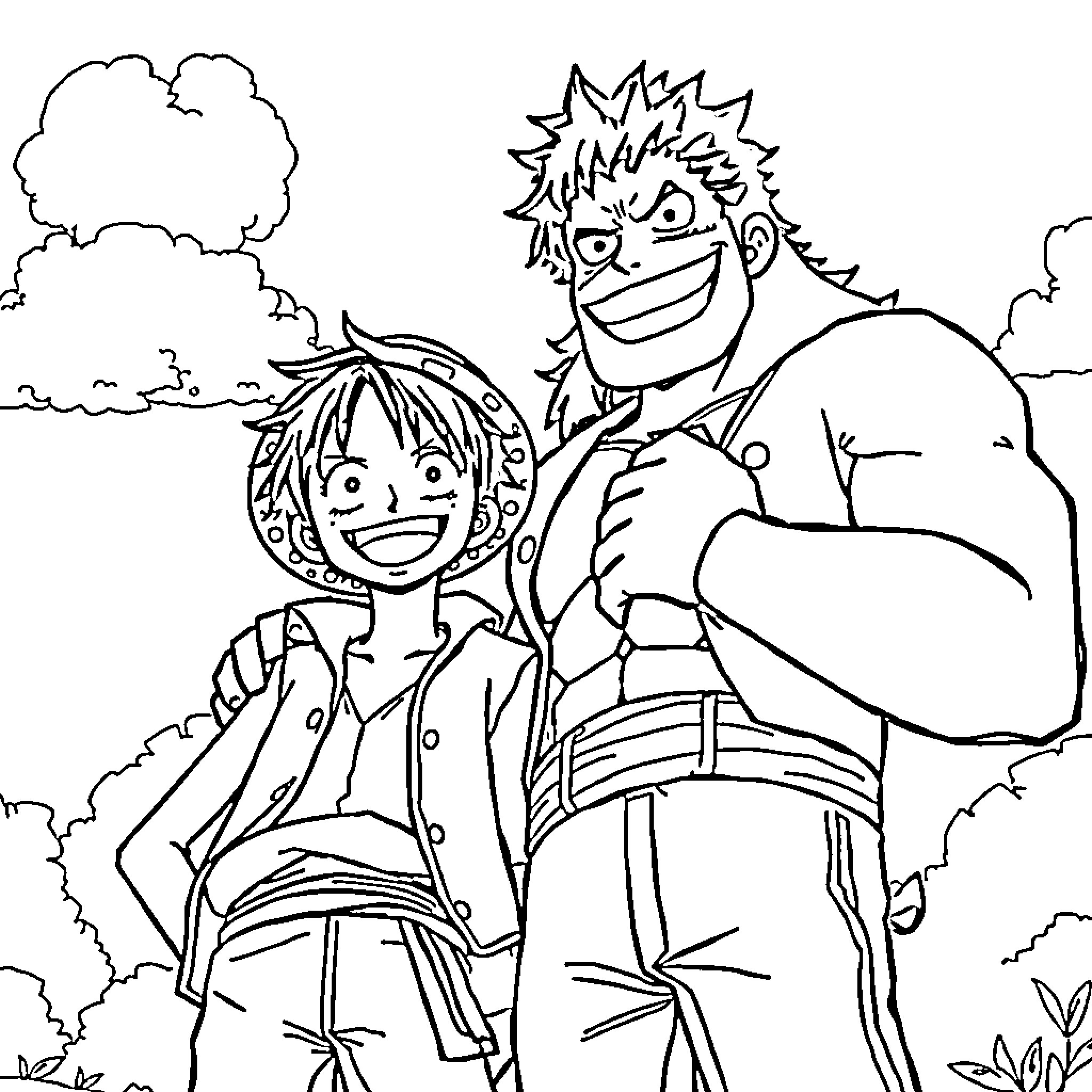 Luffy and Zoro's Adventurous Journey Coloring Page (free black-and-white line drawing printable PDF for all, from beginners to advanced learners, including children, teens, adults, and seniors)