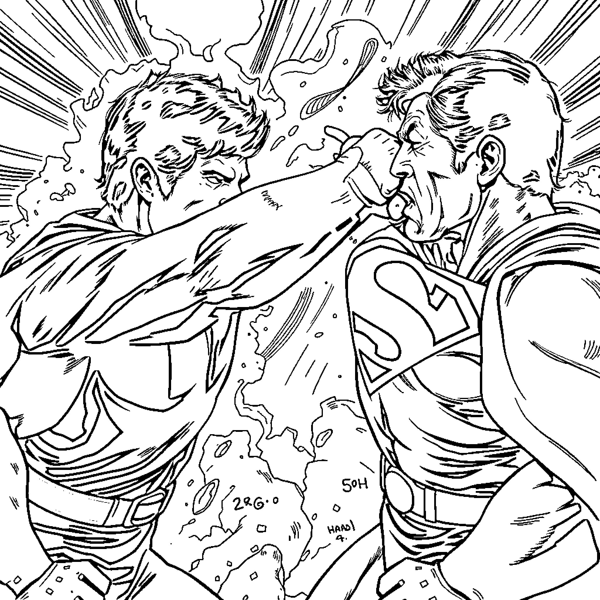Chuck Norris Fights Superman in Epic Comic Battle Coloring Page (free black-and-white line drawing printable PDF for all, from beginners to advanced learners, including children, teens, adults, and seniors)