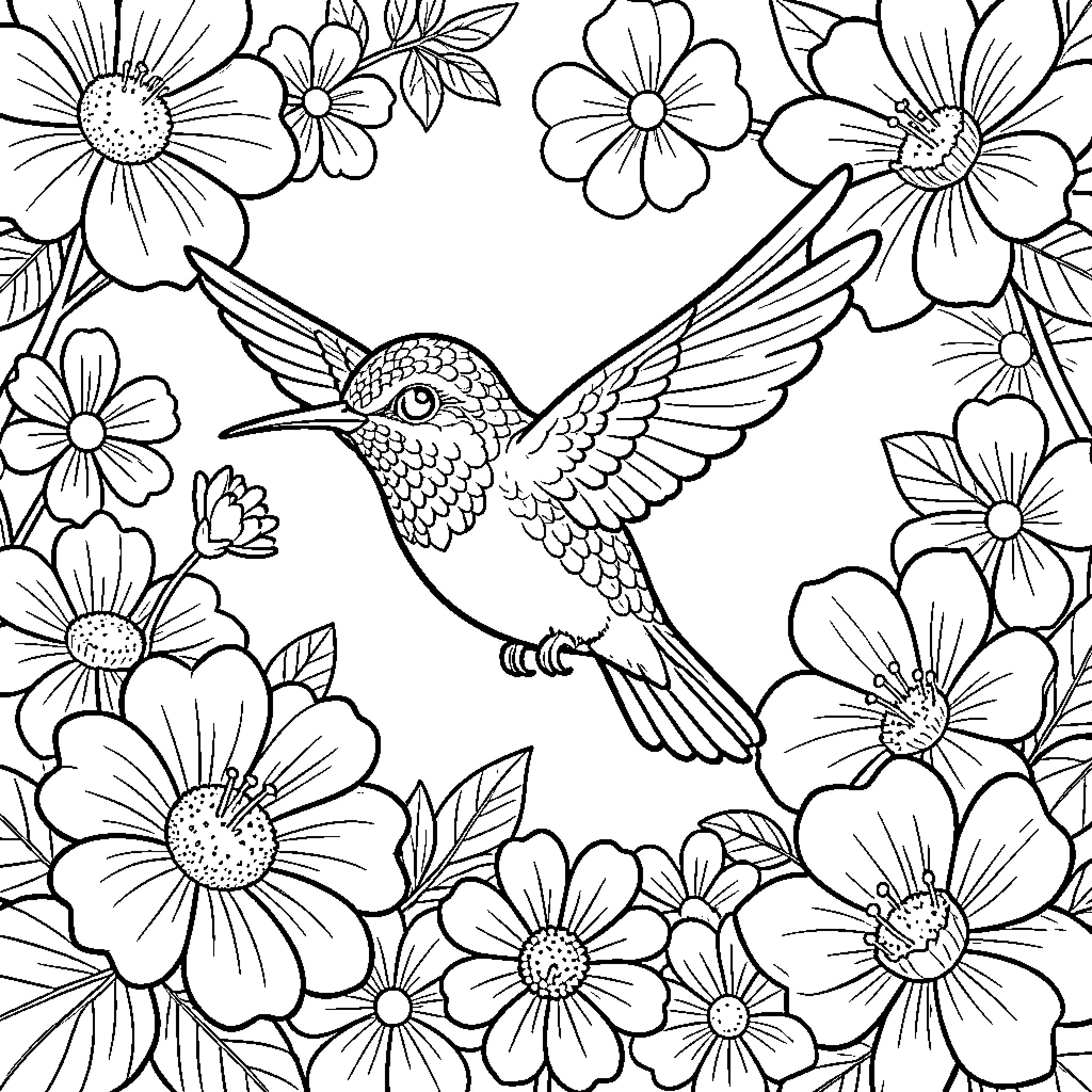 Hummingbird amidst vibrant floral landscape Coloring Page (free black-and-white line drawing printable PDF for all, from beginners to advanced learners, including children, teens, adults, and seniors)