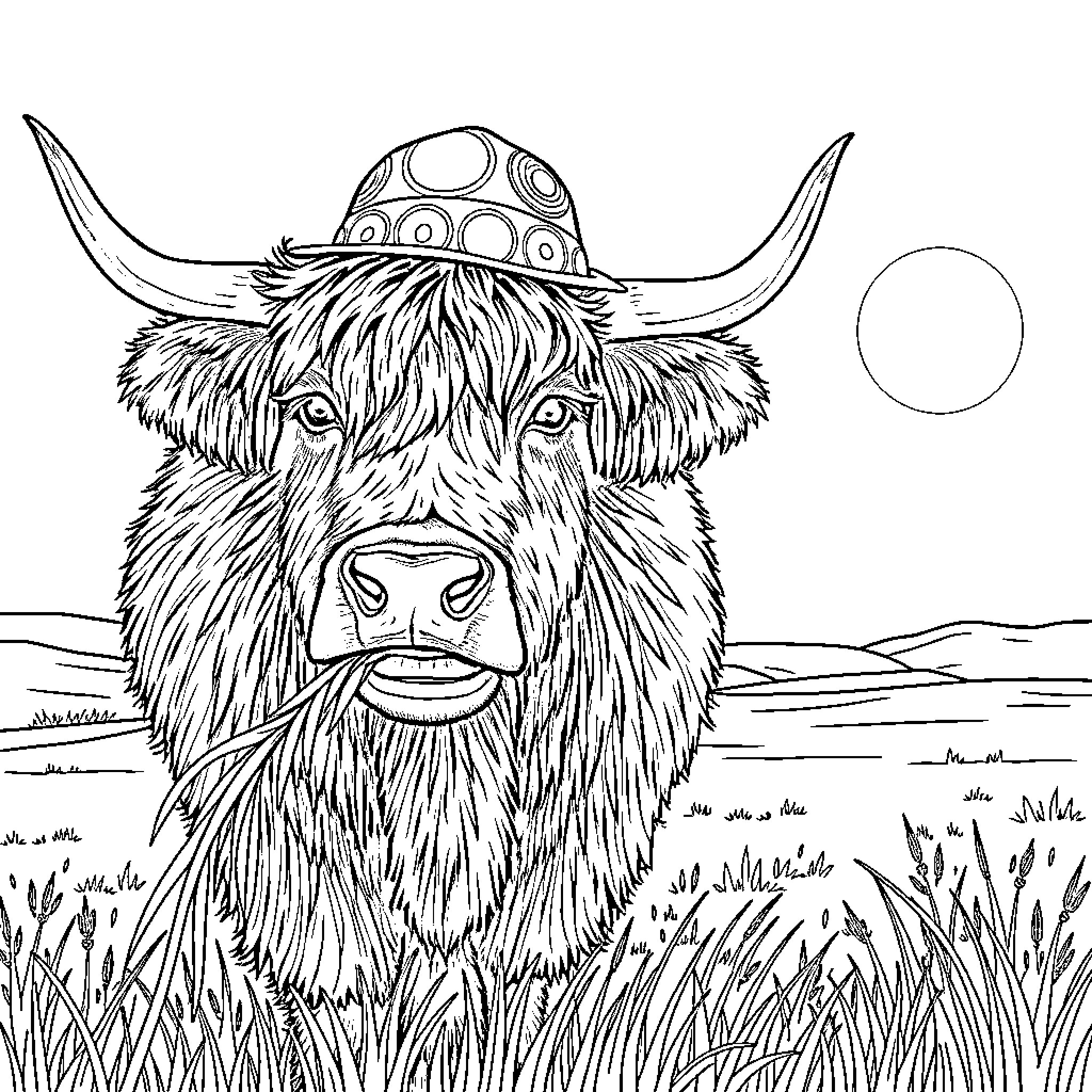 Highland Cow in Patterned Helmet Gazing at the Landscape Coloring Page (free black-and-white line drawing printable PDF for all, from beginners to advanced learners, including children, teens, adults, and seniors)