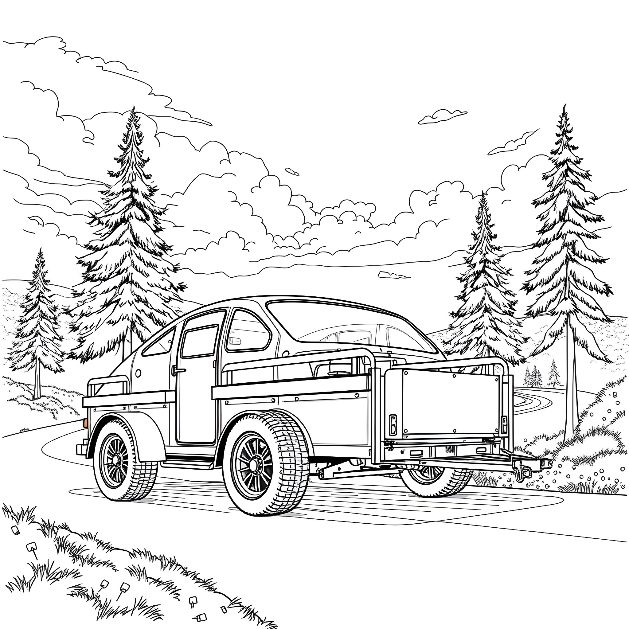 Car Trailer Carrying a Vehicle in the Countryside Coloring Page (free black-and-white line drawing printable PDF for all, from beginners to advanced learners, including children, teens, adults, and seniors)