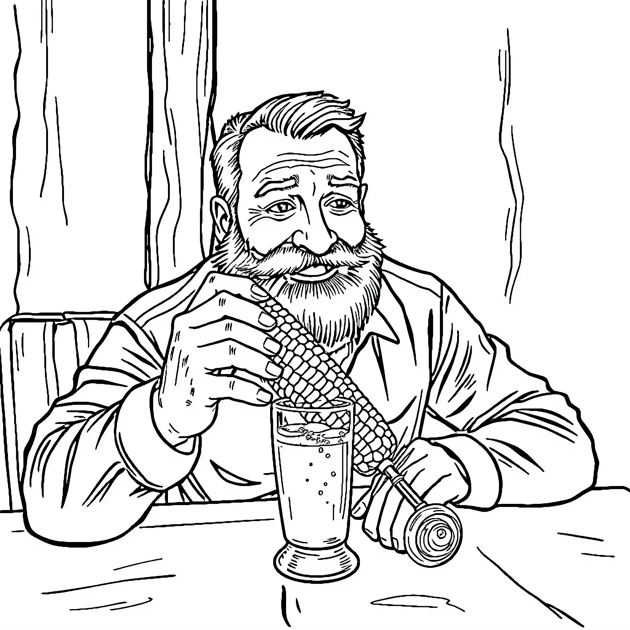 Man enjoying a refreshing drink at a bar Coloring Page (free black-and-white line drawing printable PDF for all, from beginners to advanced learners, including children, teens, adults, and seniors)
