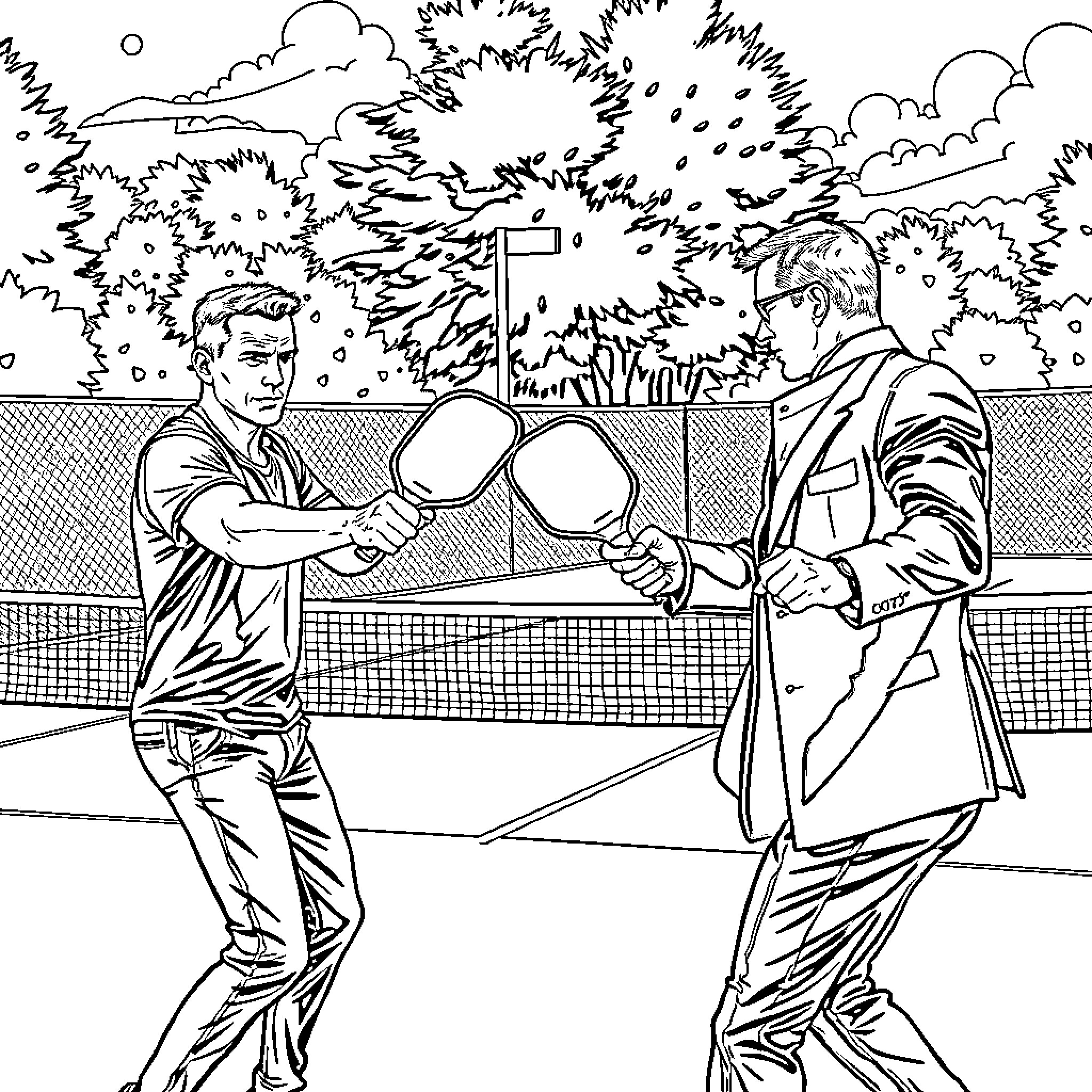 Jason Bourne plays intense tennis match Coloring Page (free black-and-white line drawing printable PDF for all, from beginners to advanced learners, including children, teens, adults, and seniors)
