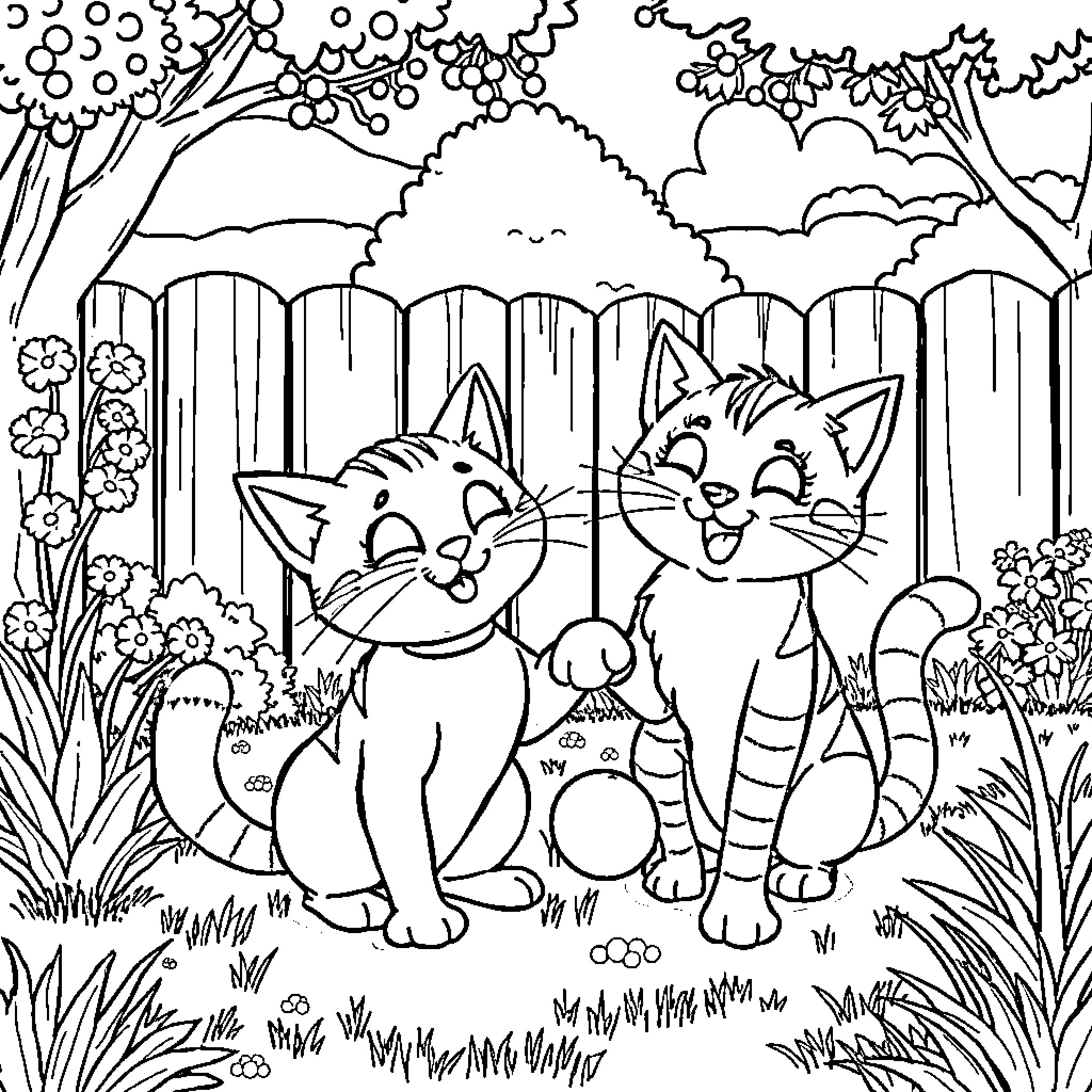 Cats Enjoying a Playful Outdoor Scene Coloring Page (free black-and-white line drawing printable PDF for all, from beginners to advanced learners, including children, teens, adults, and seniors)