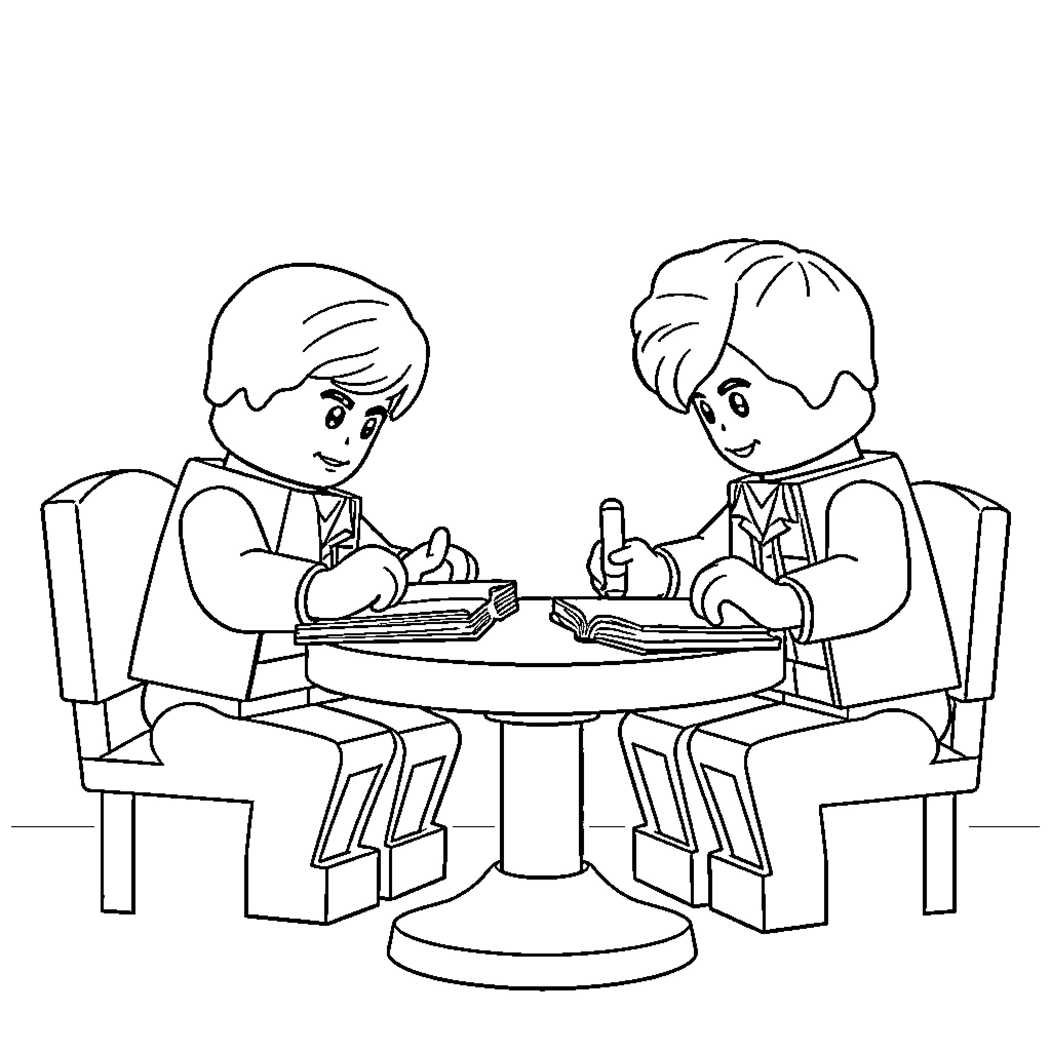 LEGO Characters Studying Together at a Table Coloring Page (free black-and-white line drawing printable PDF for all, from beginners to advanced learners, including children, teens, adults, and seniors)