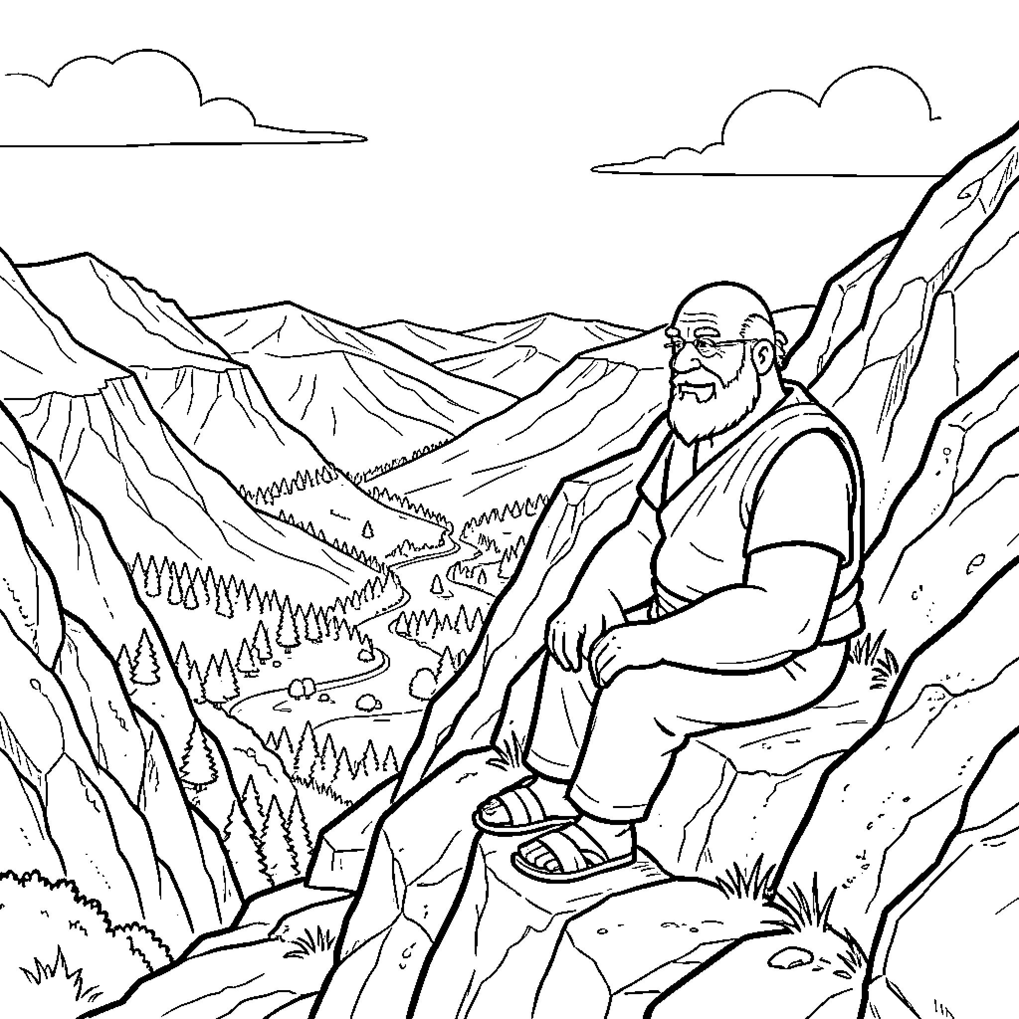 Homer sitting peacefully on a mountain ledge Coloring Page (free black-and-white line drawing printable PDF for all, from beginners to advanced learners, including children, teens, adults, and seniors)