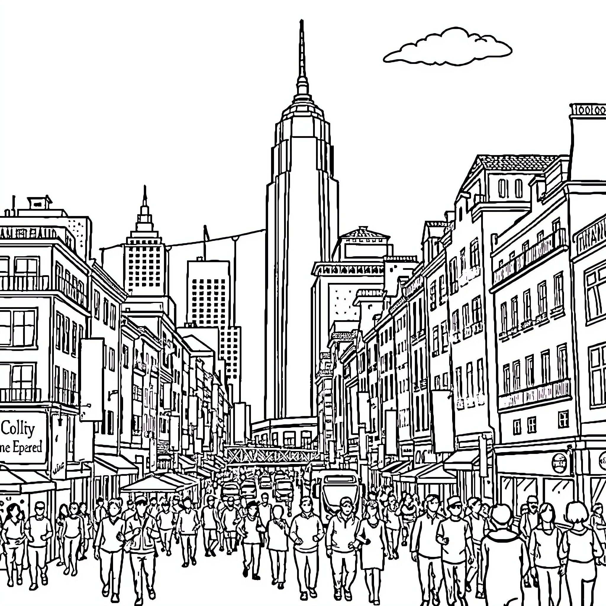 Bustling city street scene with skyscrapers and pedestrians Coloring Page (free black-and-white line drawing printable PDF for all, from beginners to advanced learners, including children, teens, adults, and seniors)