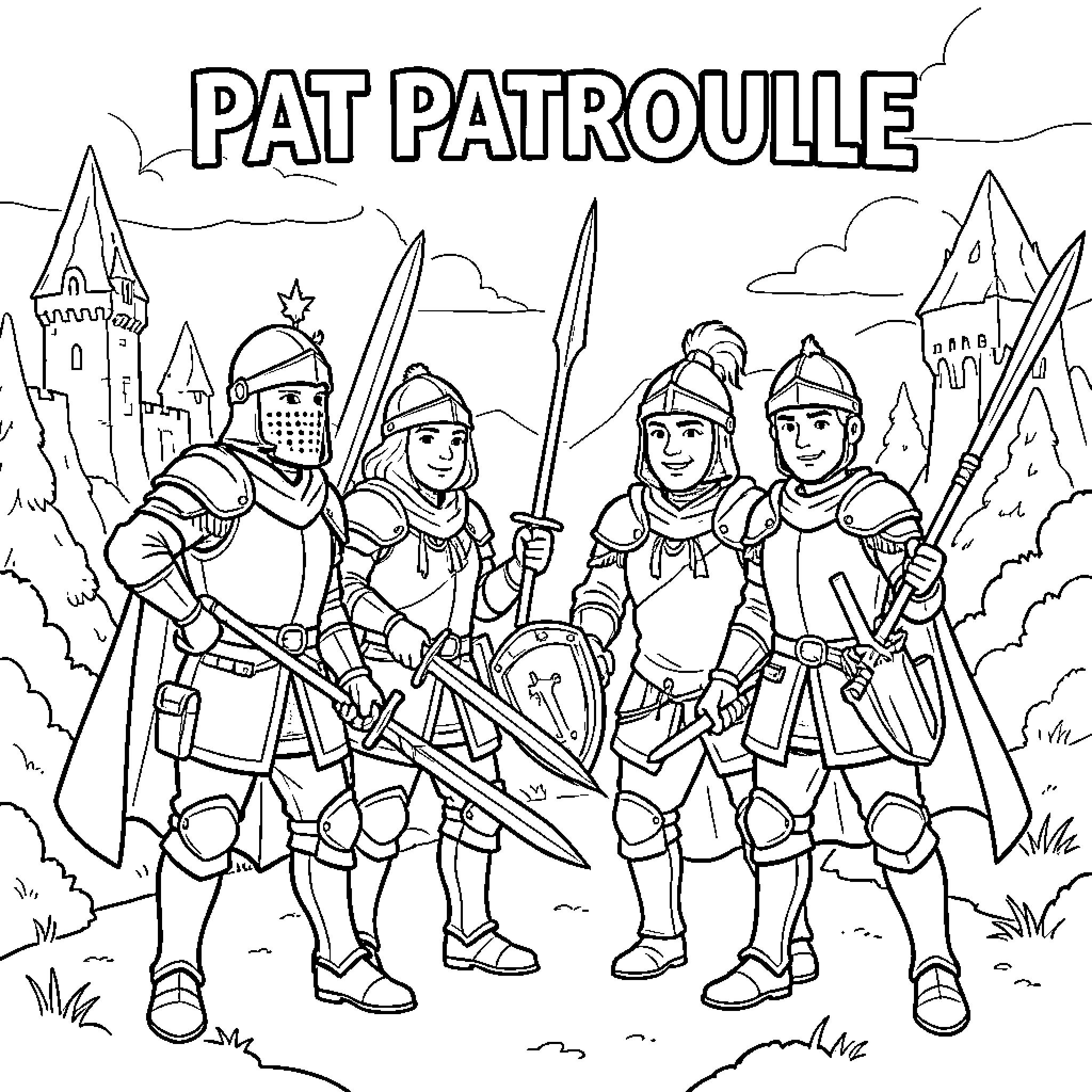 Patrol Knight standing bravely with swords and shields Coloring Page (free black-and-white line drawing printable PDF for all, from beginners to advanced learners, including children, teens, adults, and seniors)