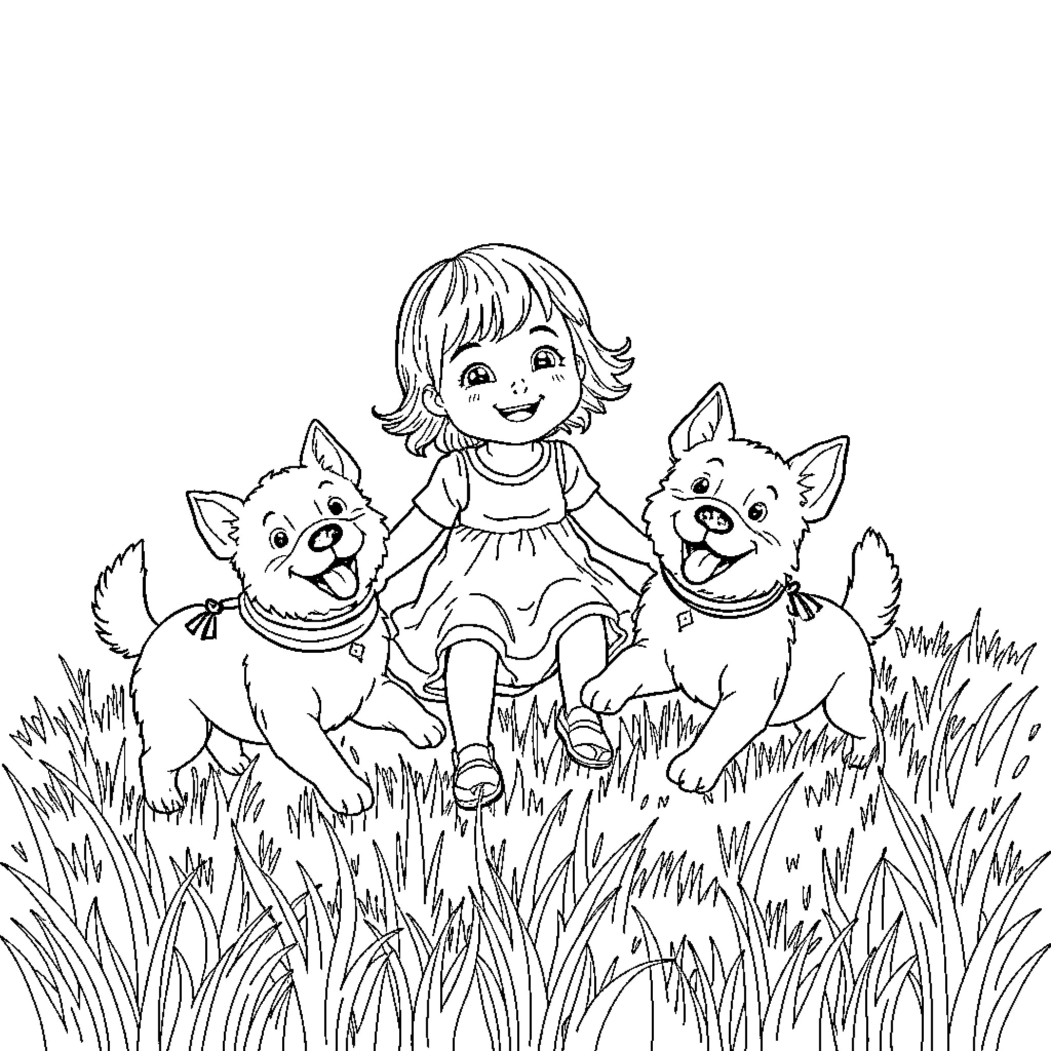 Girl playing happily with dogs in the grass Coloring Page (free black-and-white line drawing printable PDF for all, from beginners to advanced learners, including children, teens, adults, and seniors)