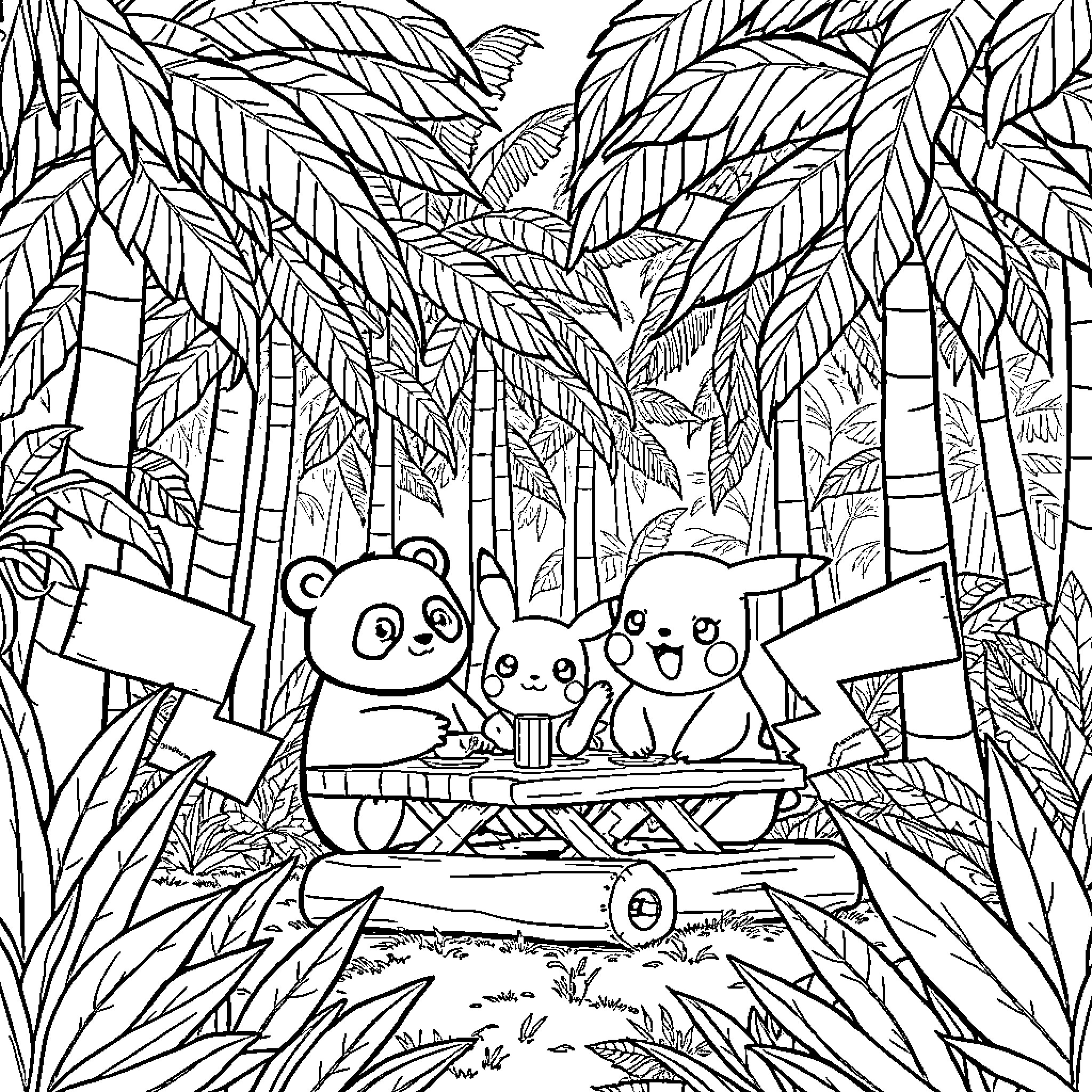 Panda sharing a meal with friends in the forest Coloring Page (free black-and-white line drawing printable PDF for all, from beginners to advanced learners, including children, teens, adults, and seniors)