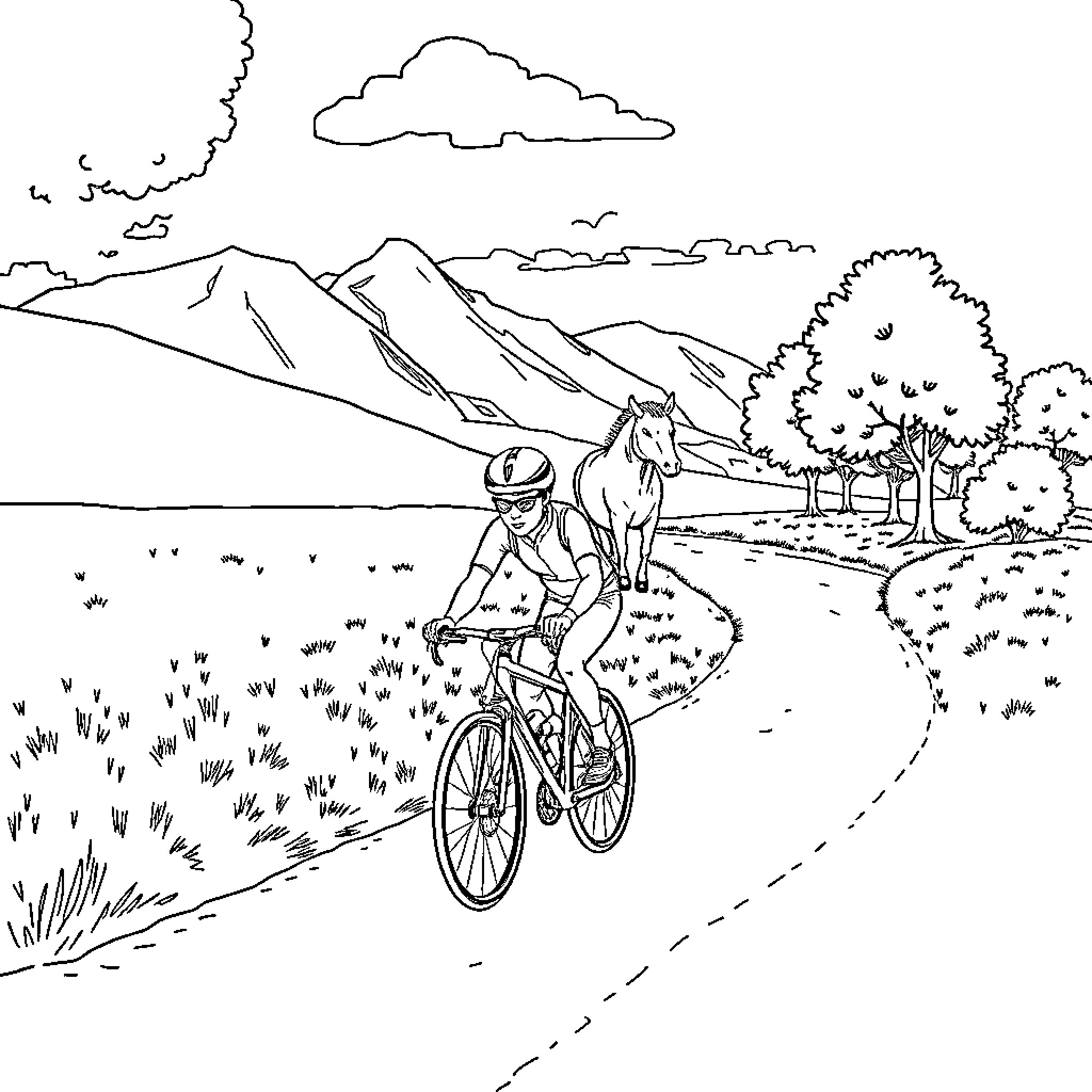Ciclista riding bicycle through scenic mountain landscape Coloring Page (free black-and-white line drawing printable PDF for all, from beginners to advanced learners, including children, teens, adults, and seniors)
