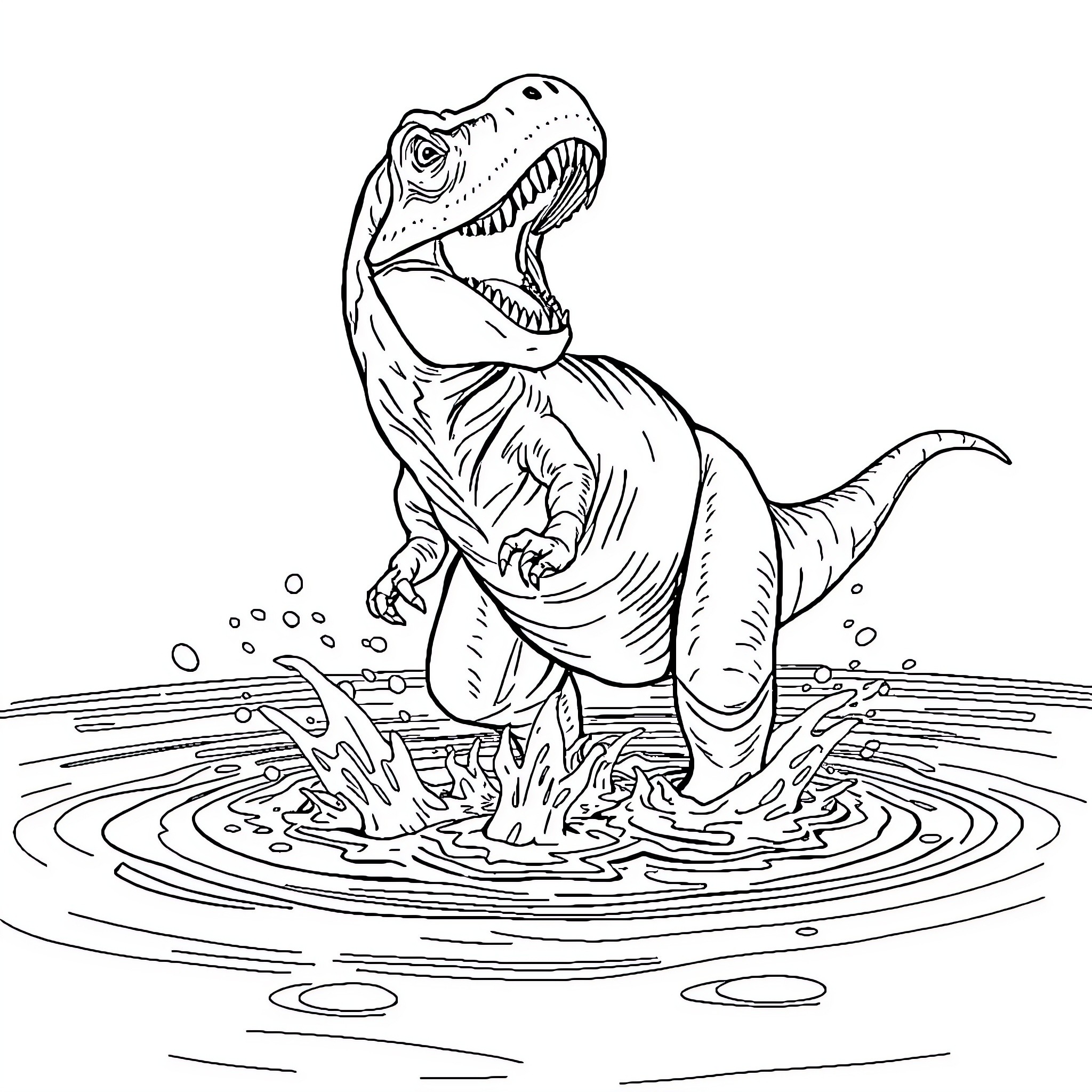 T-Rex Stomping Through Puddle Coloring Page (free black-and-white line drawing printable PDF for all, from beginners to advanced learners, including children, teens, adults, and seniors)