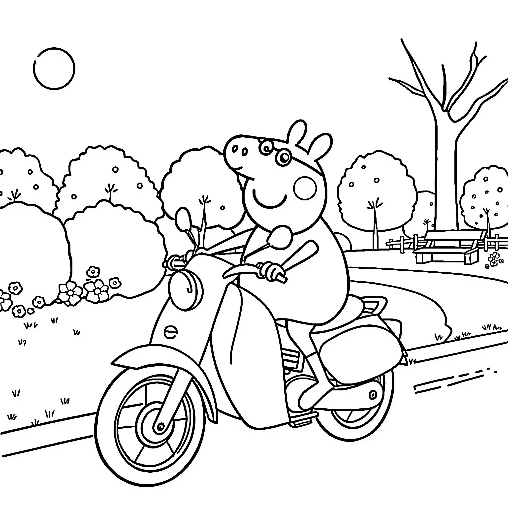 Peppa Pig riding a scooter in the park Coloring Page (free black-and-white line drawing printable PDF for all, from beginners to advanced learners, including children, teens, adults, and seniors)
