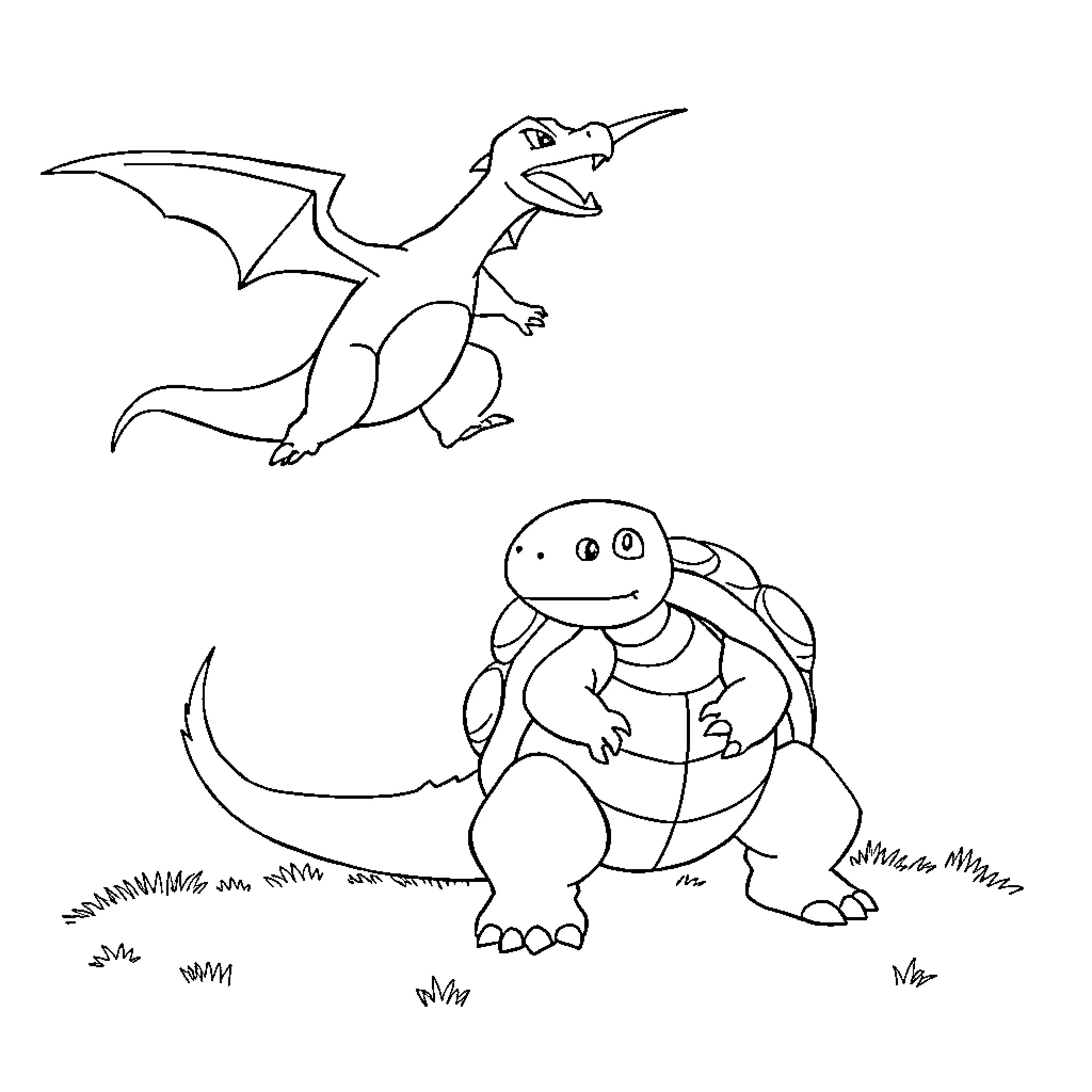 Charizard and Squirtle in a playful scene Coloring Page (free black-and-white line drawing printable PDF for all, from beginners to advanced learners, including children, teens, adults, and seniors)