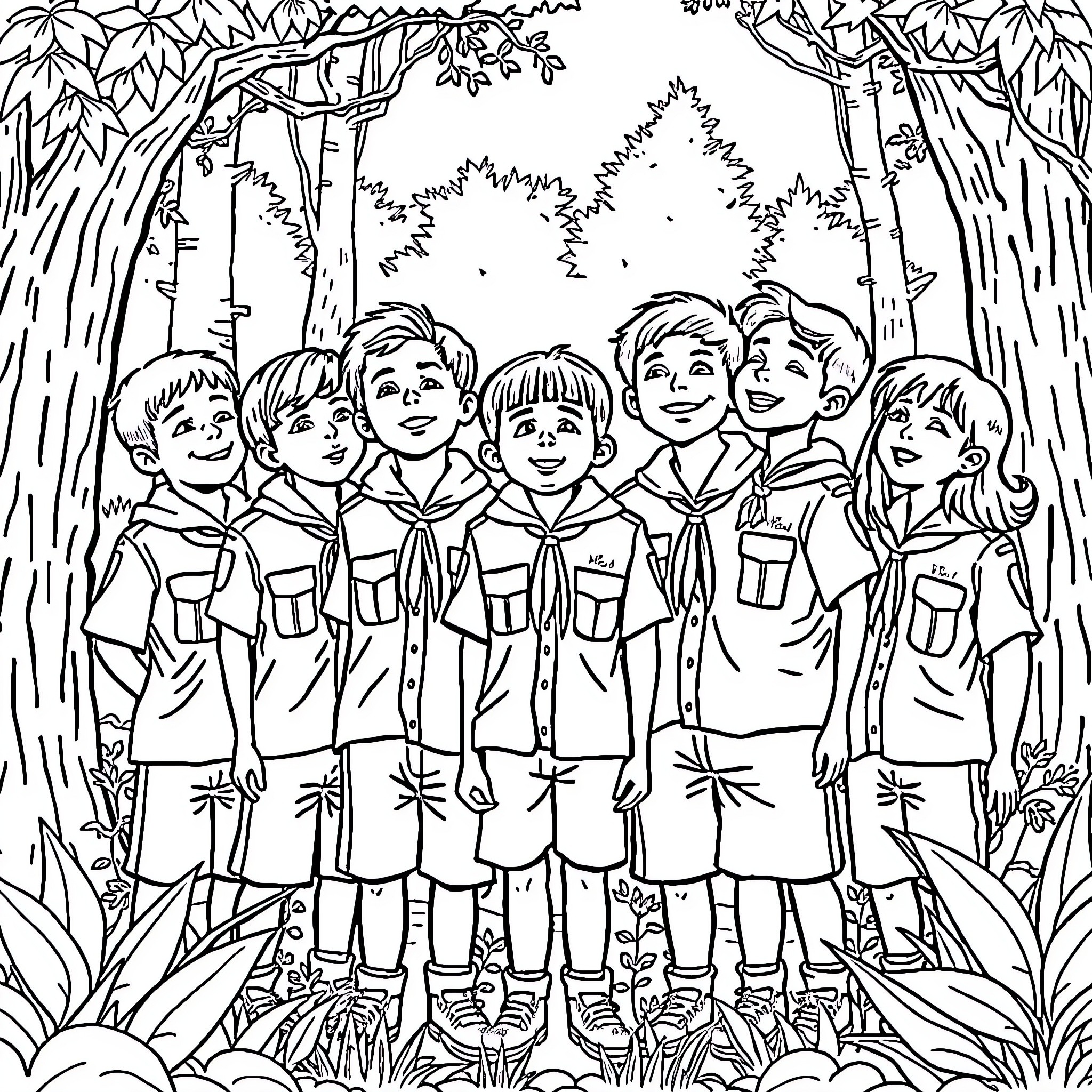 Scout group posing in the forest Coloring Page (free black-and-white line drawing printable PDF for all, from beginners to advanced learners, including children, teens, adults, and seniors)
