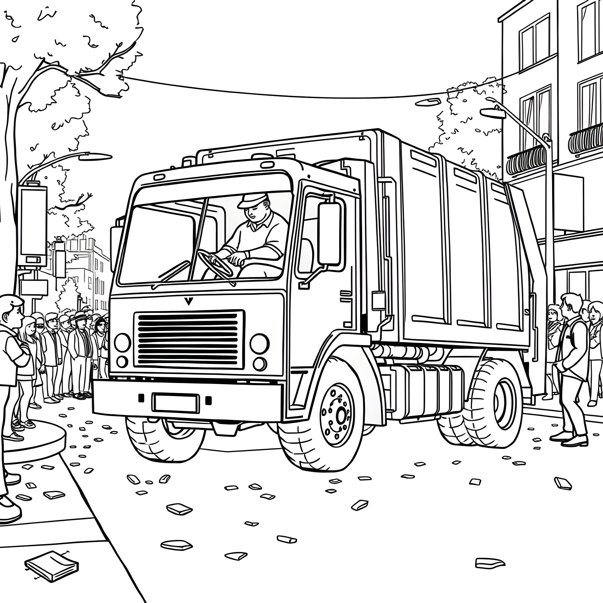 Garbage Truck Collecting Waste on City Street Coloring Page (free black-and-white line drawing printable PDF for all, from beginners to advanced learners, including children, teens, adults, and seniors)