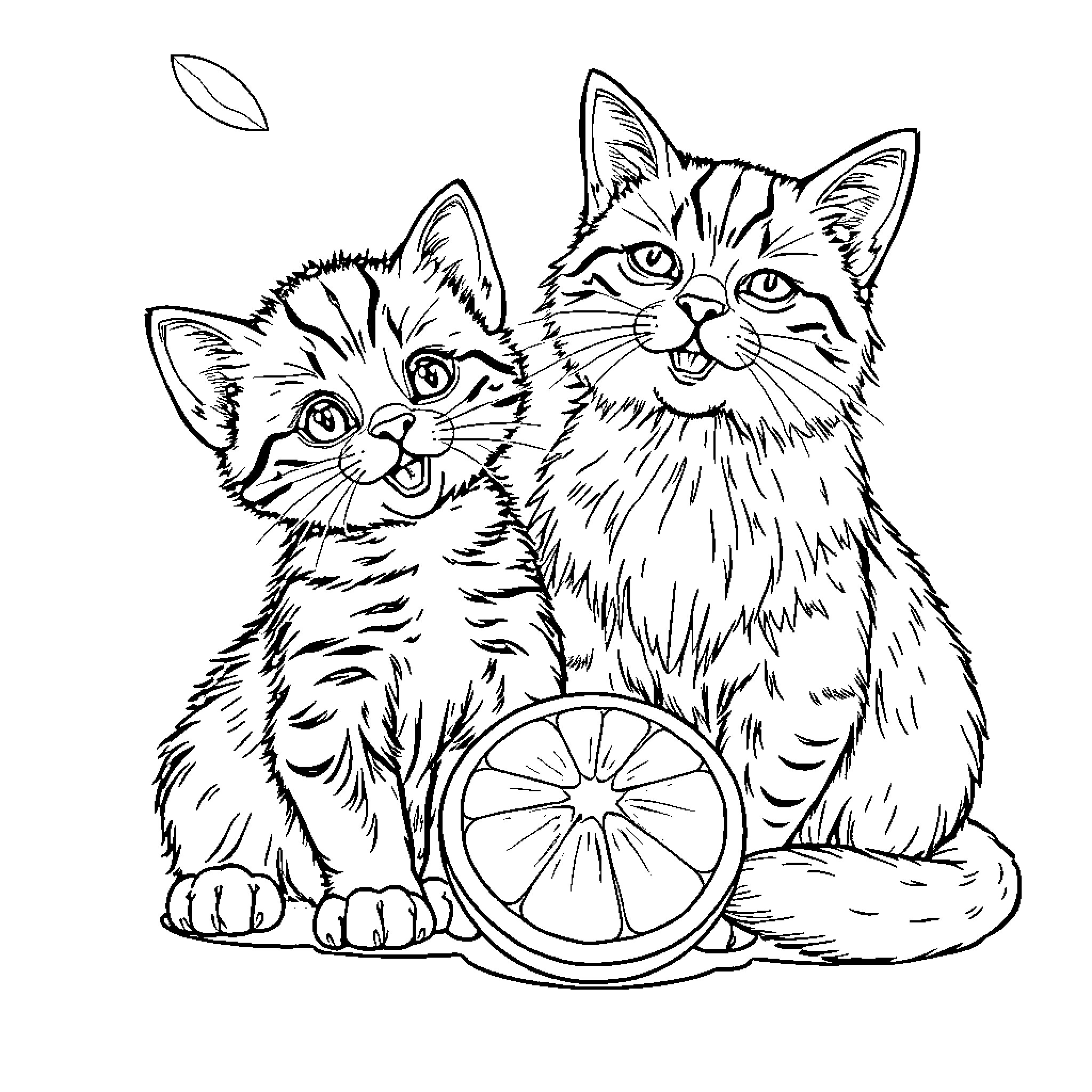 Cat and kitten sitting together Coloring Page (free black-and-white line drawing printable PDF for all, from beginners to advanced learners, including children, teens, adults, and seniors)