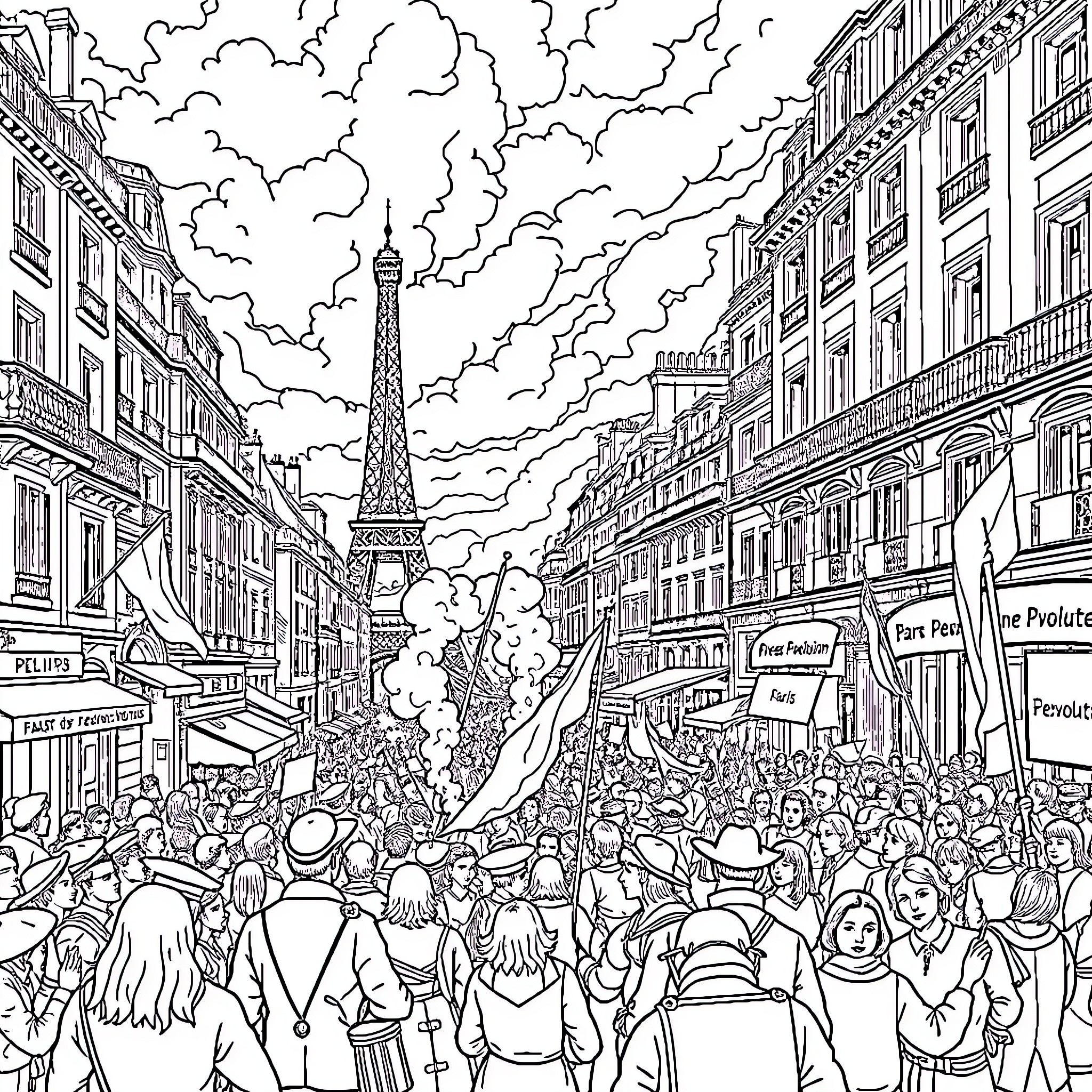 Paris street scene with Eiffel Tower and crowds Coloring Page (free black-and-white line drawing printable PDF for all, from beginners to advanced learners, including children, teens, adults, and seniors)