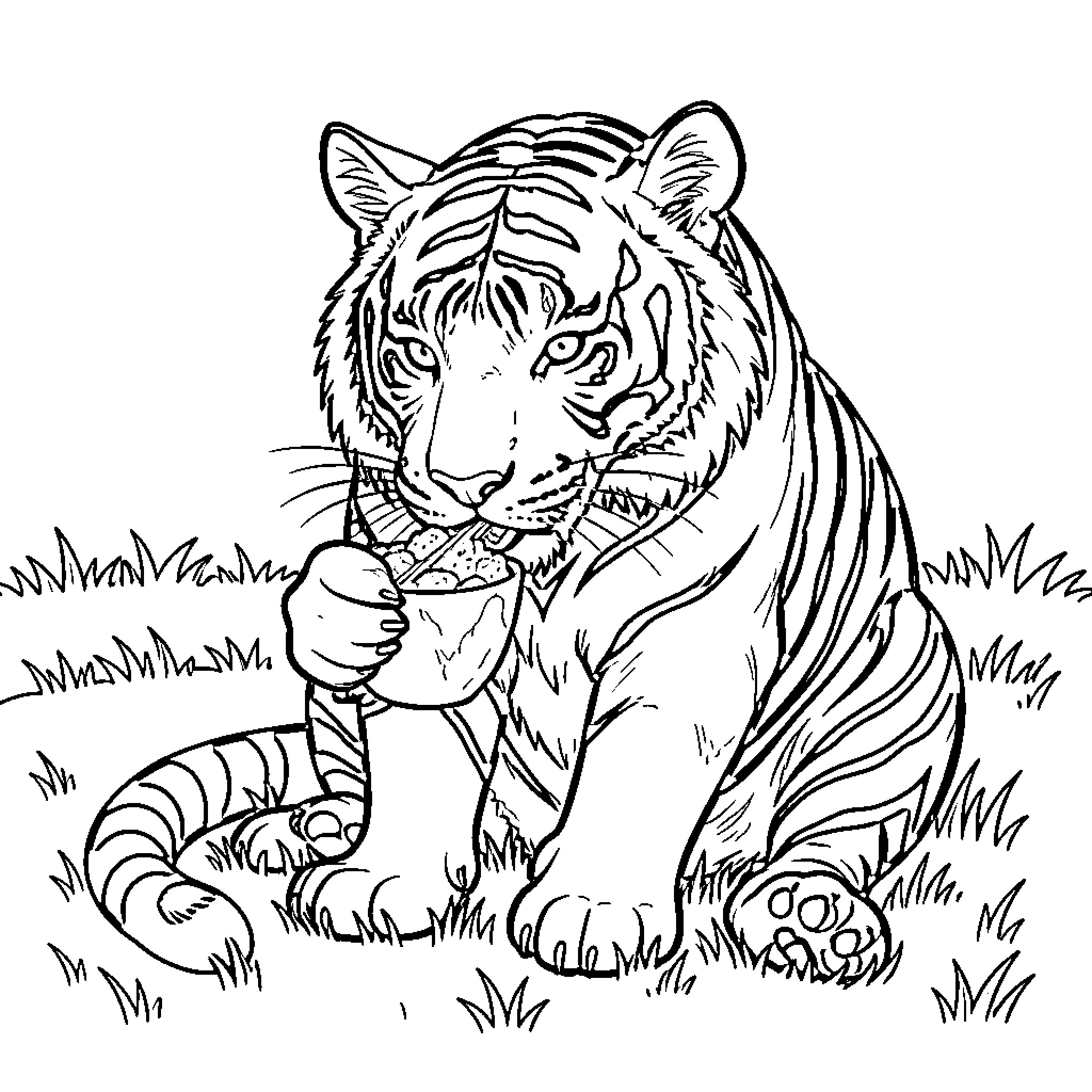 Tiger sitting in the grass eating from a bowl Coloring Page (free black-and-white line drawing printable PDF for all, from beginners to advanced learners, including children, teens, adults, and seniors)