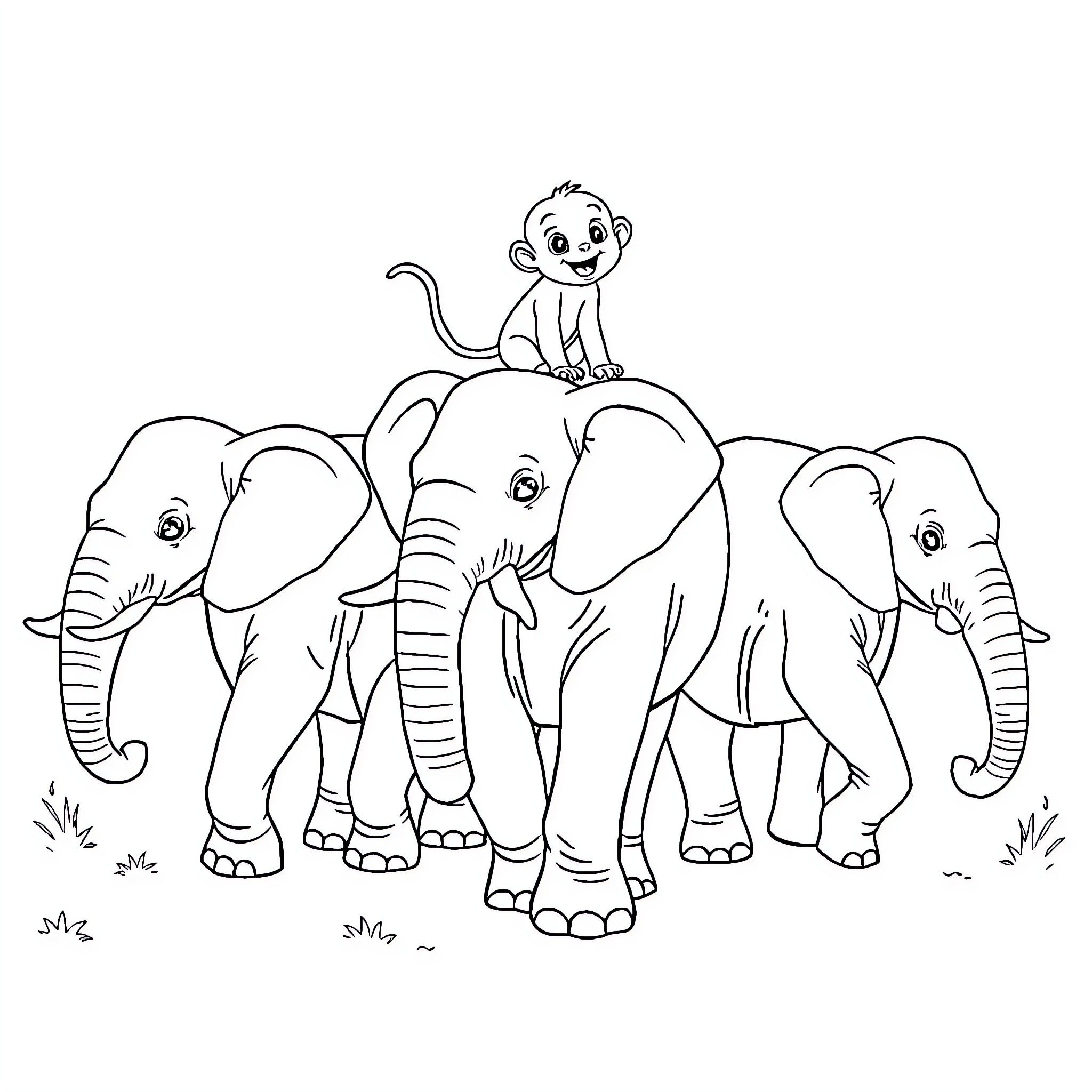 Elephant family with playful monkey Coloring Page (free black-and-white line drawing printable PDF for all, from beginners to advanced learners, including children, teens, adults, and seniors)