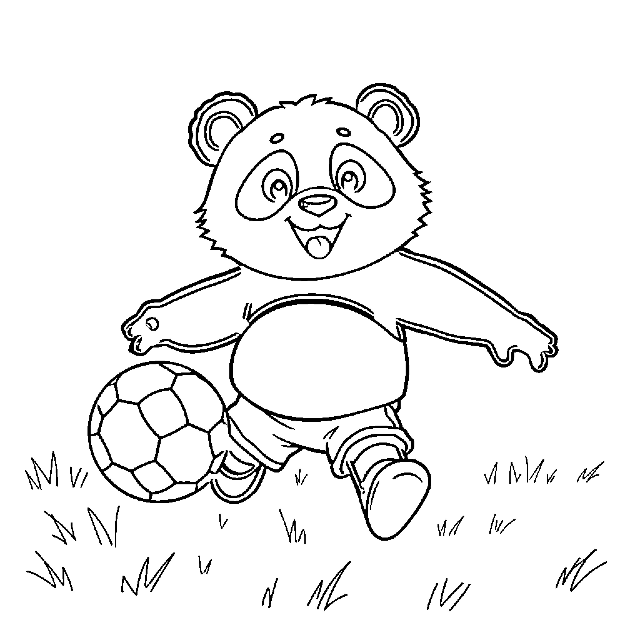 Panda playing with soccer ball in the grass Coloring Page (free black-and-white line drawing printable PDF for all, from beginners to advanced learners, including children, teens, adults, and seniors)