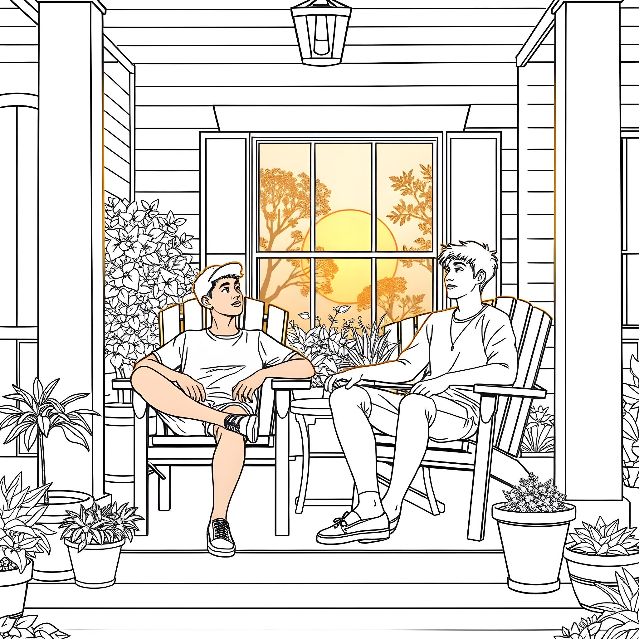 Teen Guys Relaxing on Porch During Autumn Coloring Page (free black-and-white line drawing printable PDF for all, from beginners to advanced learners, including children, teens, adults, and seniors)