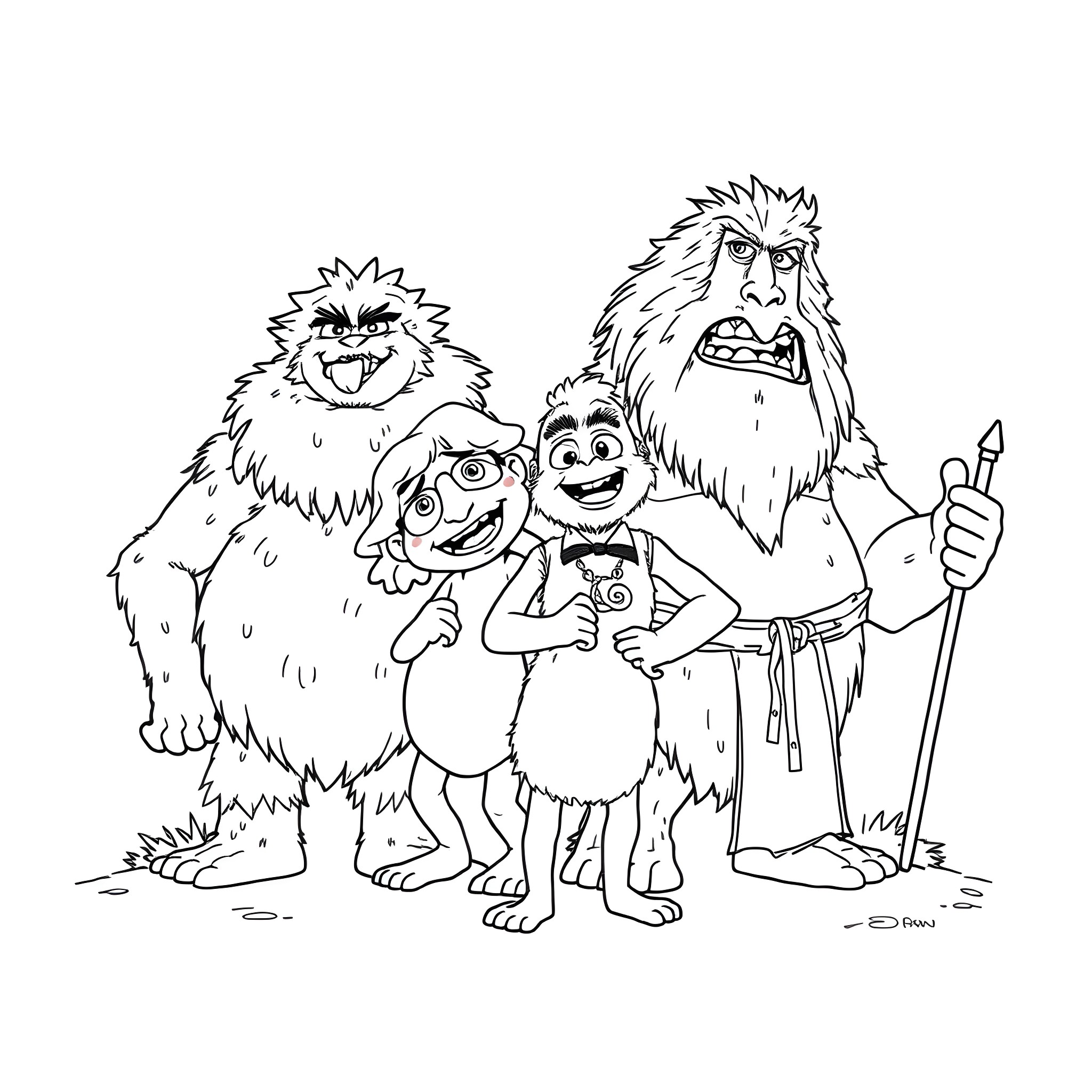 Crood family in action-packed scene Coloring Page (free black-and-white line drawing printable PDF for all, from beginners to advanced learners, including children, teens, adults, and seniors)