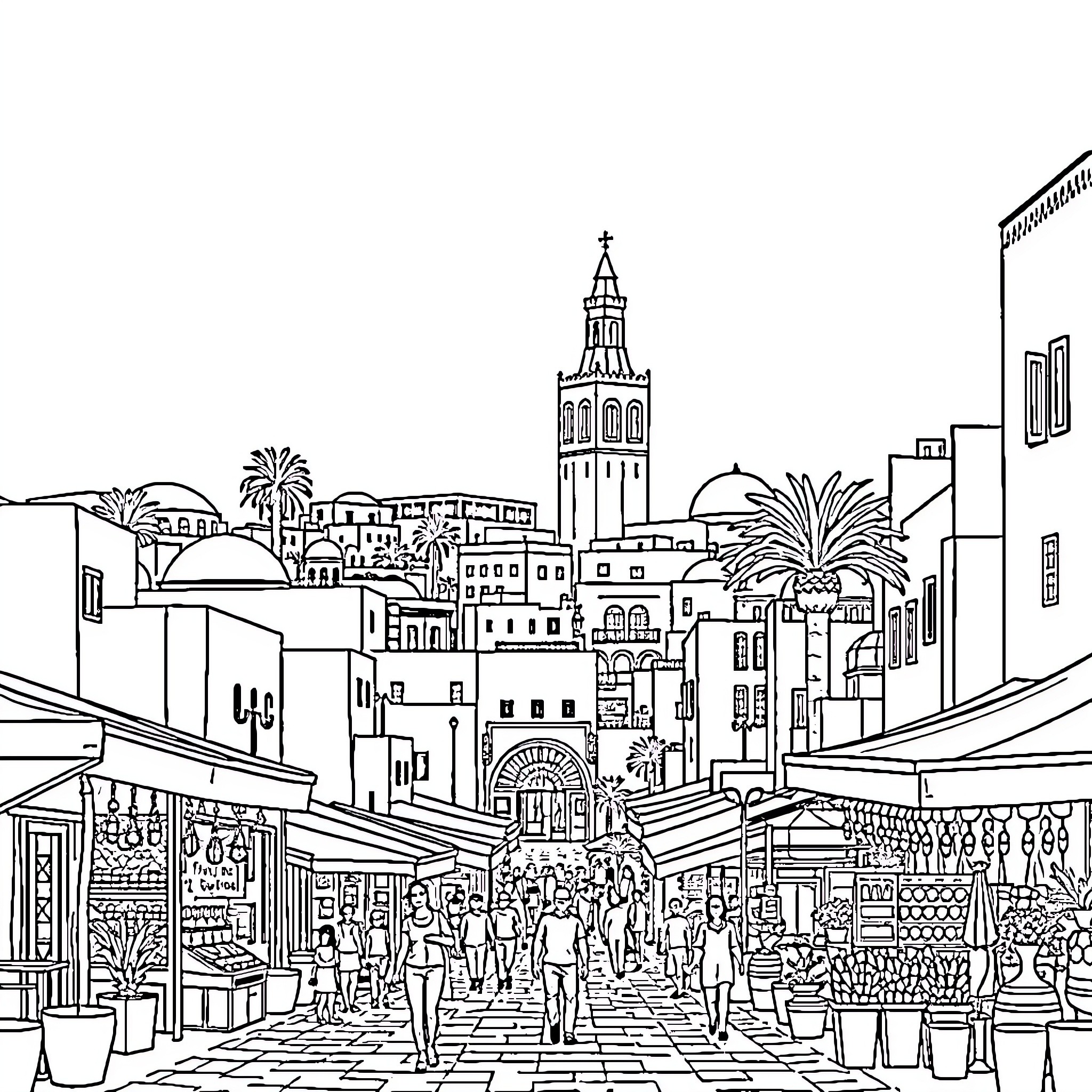Marrakech marketplace bustling with lively activity Coloring Page (free black-and-white line drawing printable PDF for all, from beginners to advanced learners, including children, teens, adults, and seniors)