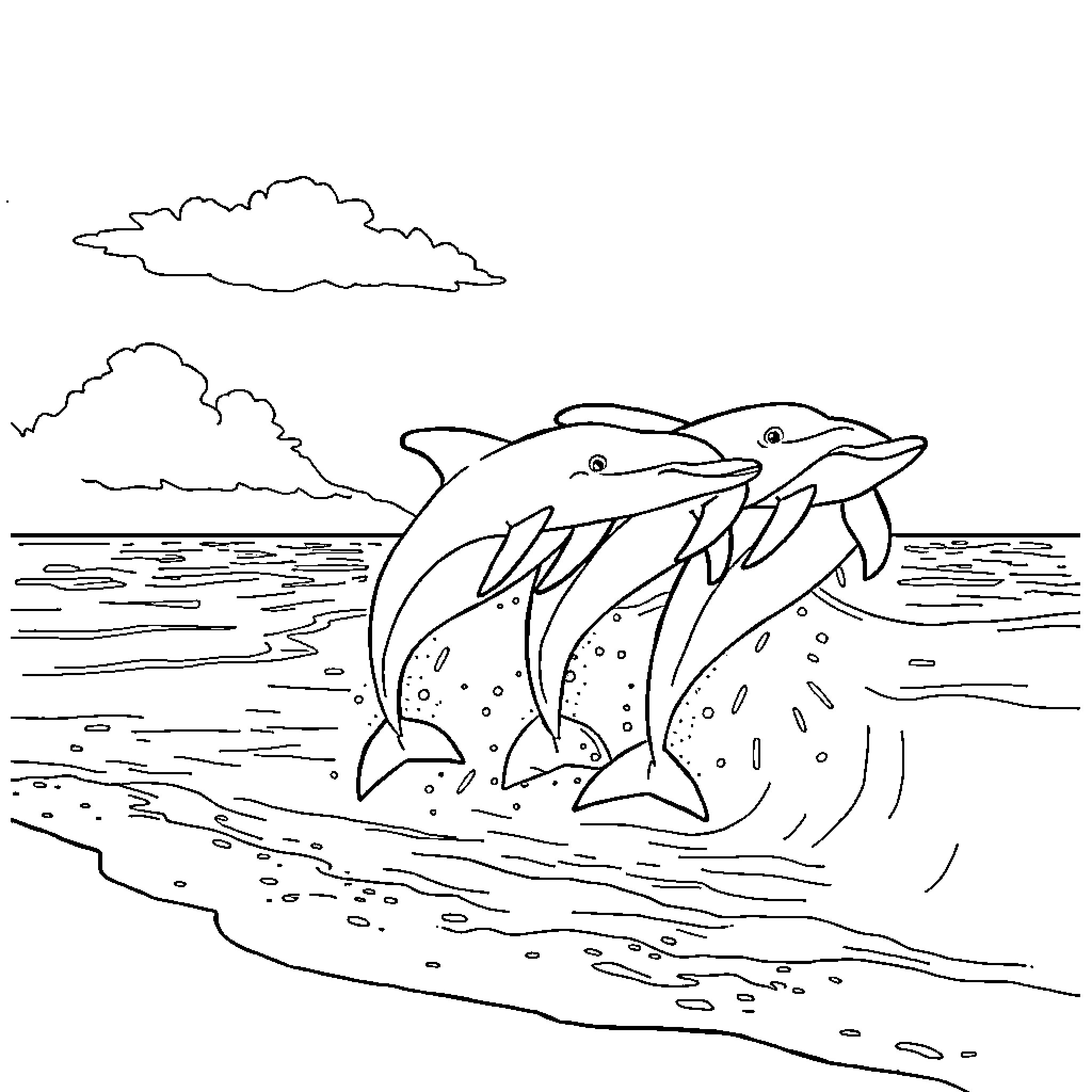 Dolphins playing in the ocean Coloring Page (free black-and-white line drawing printable PDF for all, from beginners to advanced learners, including children, teens, adults, and seniors)
