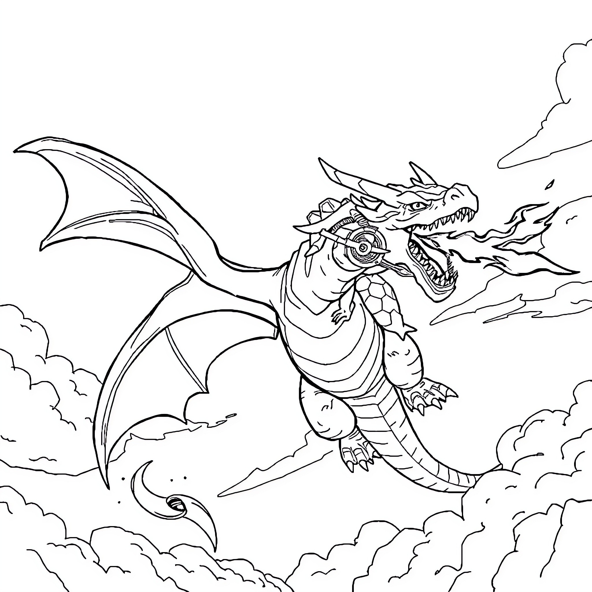 Dragon soaring through the clouds Coloring Page (free black-and-white line drawing printable PDF for all, from beginners to advanced learners, including children, teens, adults, and seniors)