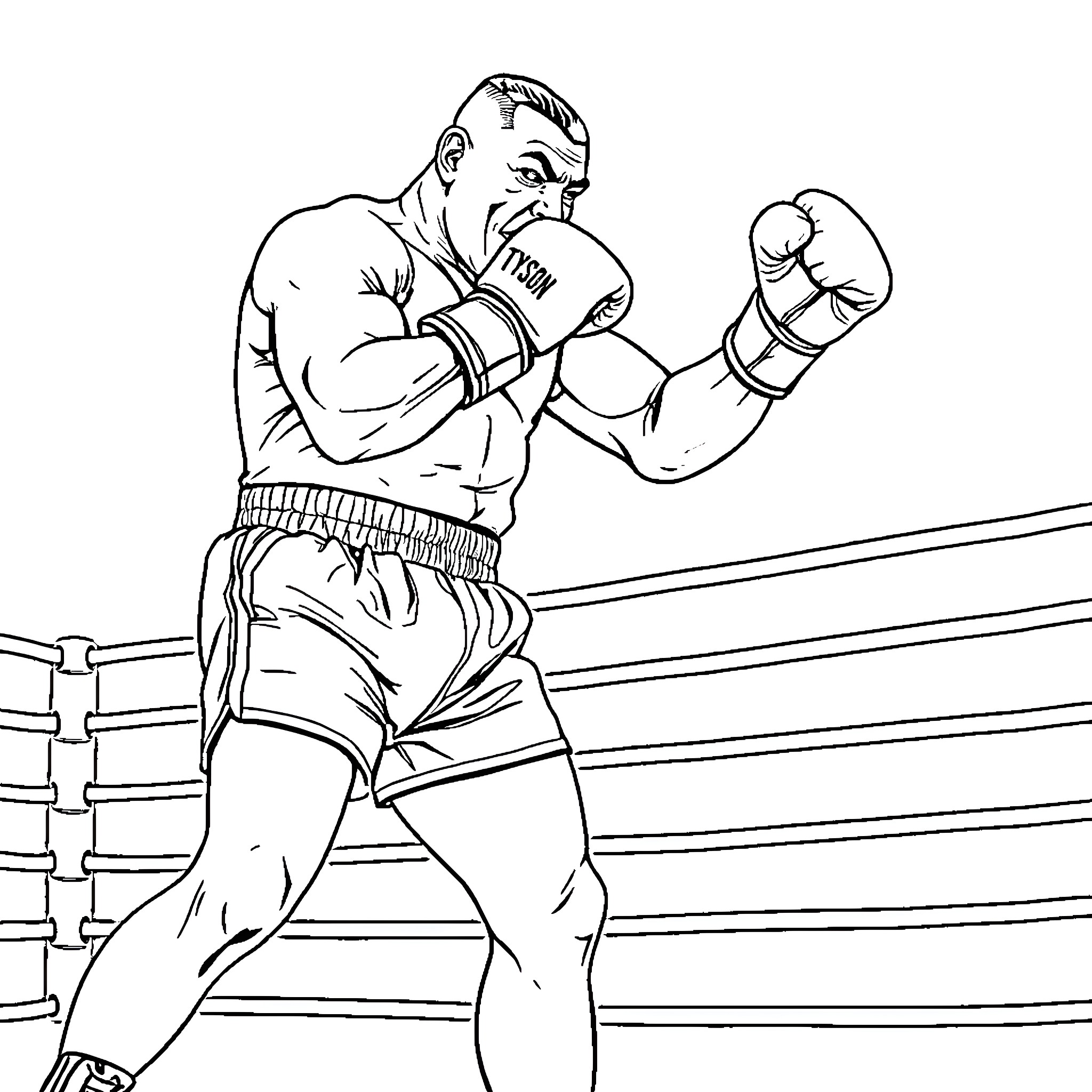 Mike Tyson boxing in the ring Coloring Page (free black-and-white line drawing printable PDF for all, from beginners to advanced learners, including children, teens, adults, and seniors)