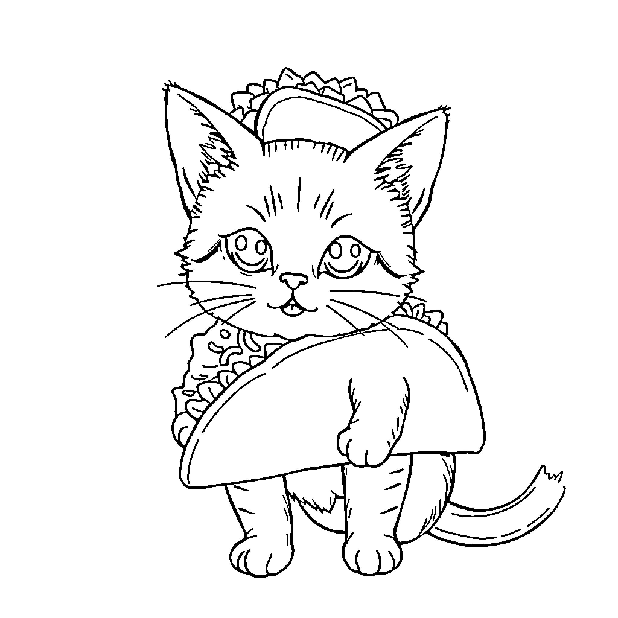Cat in Fancy Collar with Taco Coloring Page (free black-and-white line drawing printable PDF for all, from beginners to advanced learners, including children, teens, adults, and seniors)