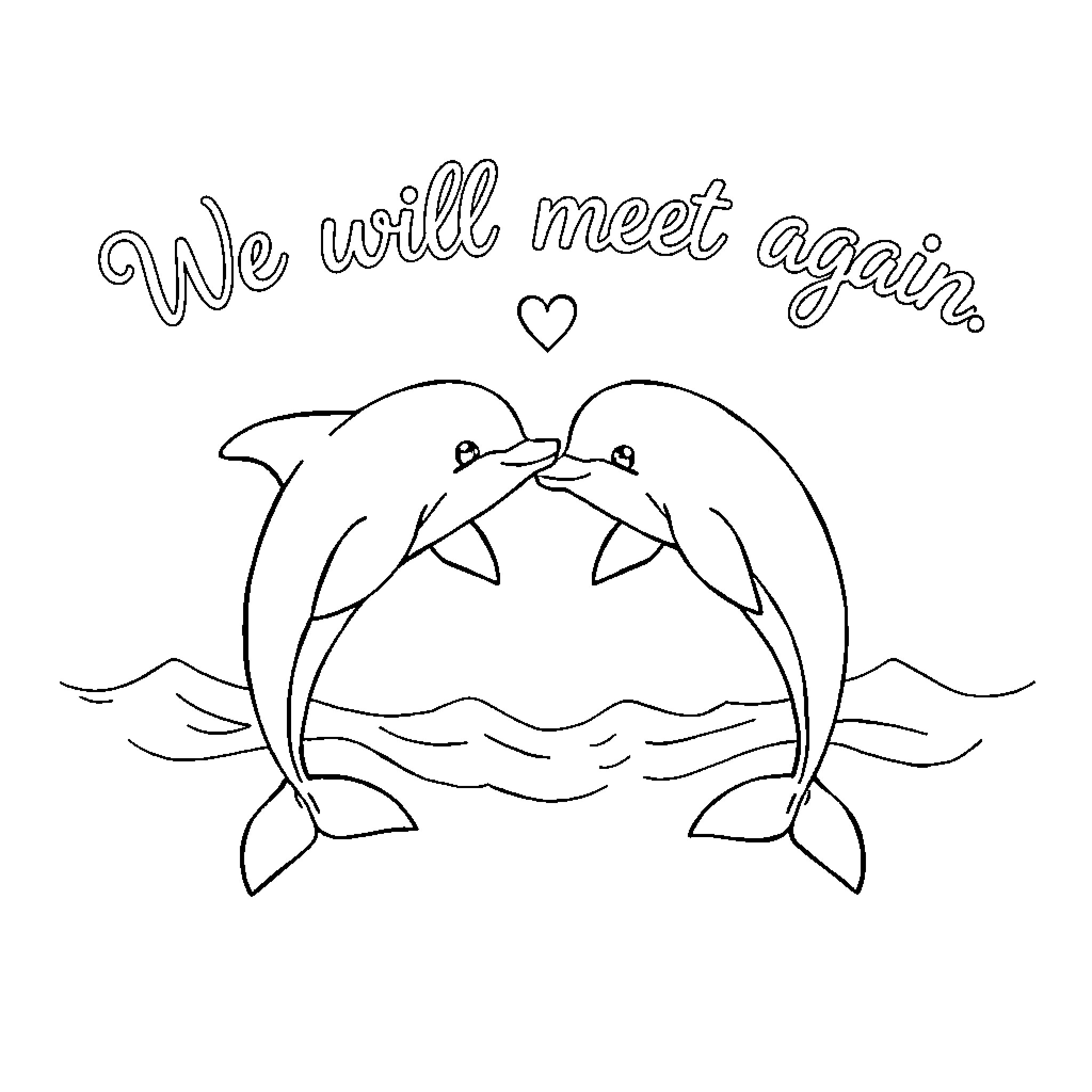 Dolphin couple celebrating reunion in the ocean Coloring Page (free black-and-white line drawing printable PDF for all, from beginners to advanced learners, including children, teens, adults, and seniors)