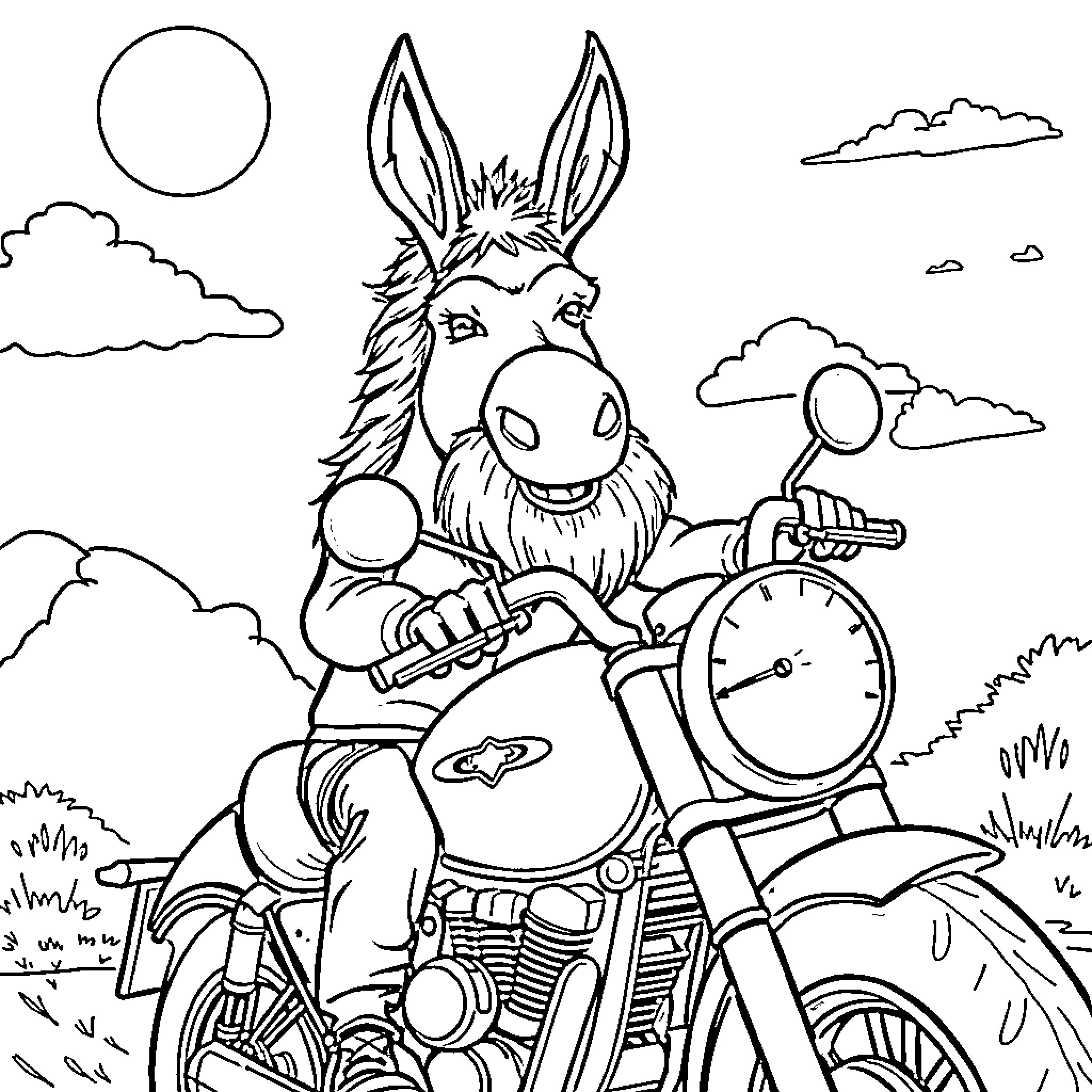 Donkey riding motorcycle through countryside Coloring Page (free black-and-white line drawing printable PDF for all, from beginners to advanced learners, including children, teens, adults, and seniors)
